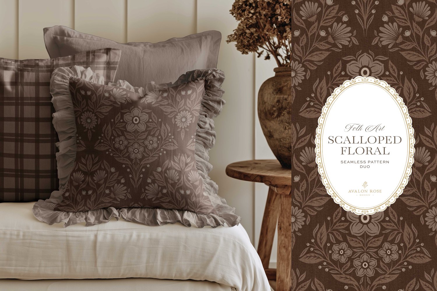Scalloped Floral Folk Art seamless surface pattern duo features a hand drawn folk art botanical with scalloped florals, leaves, and berries in dark brown with a matching plaid on a ruffled throw pillow