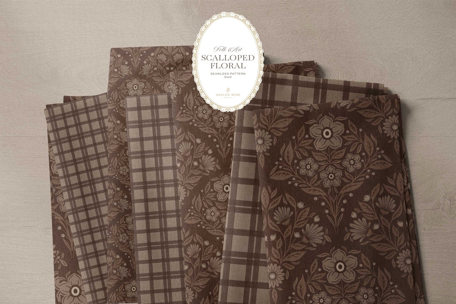 Scalloped Floral Folk Art seamless surface pattern duo features a hand drawn folk art botanical with scalloped florals, leaves, and berries in dark brown with a matching plaid on bolts of fabric