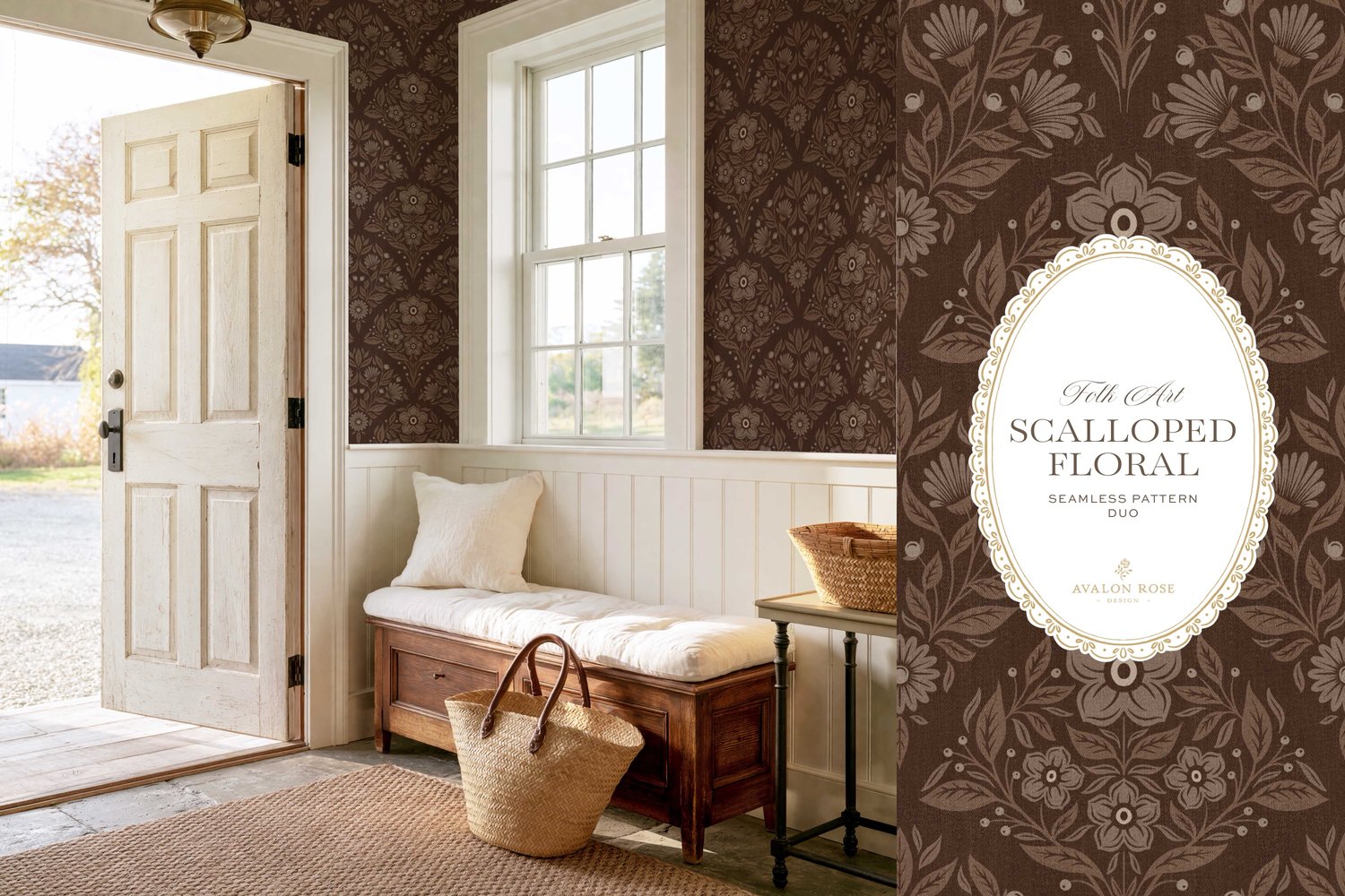 Scalloped Floral Folk Art seamless surface pattern duo features a hand drawn folk art botanical with scalloped florals, leaves, and berries in dark brown with a matching plaid on wallpaper in an entryway