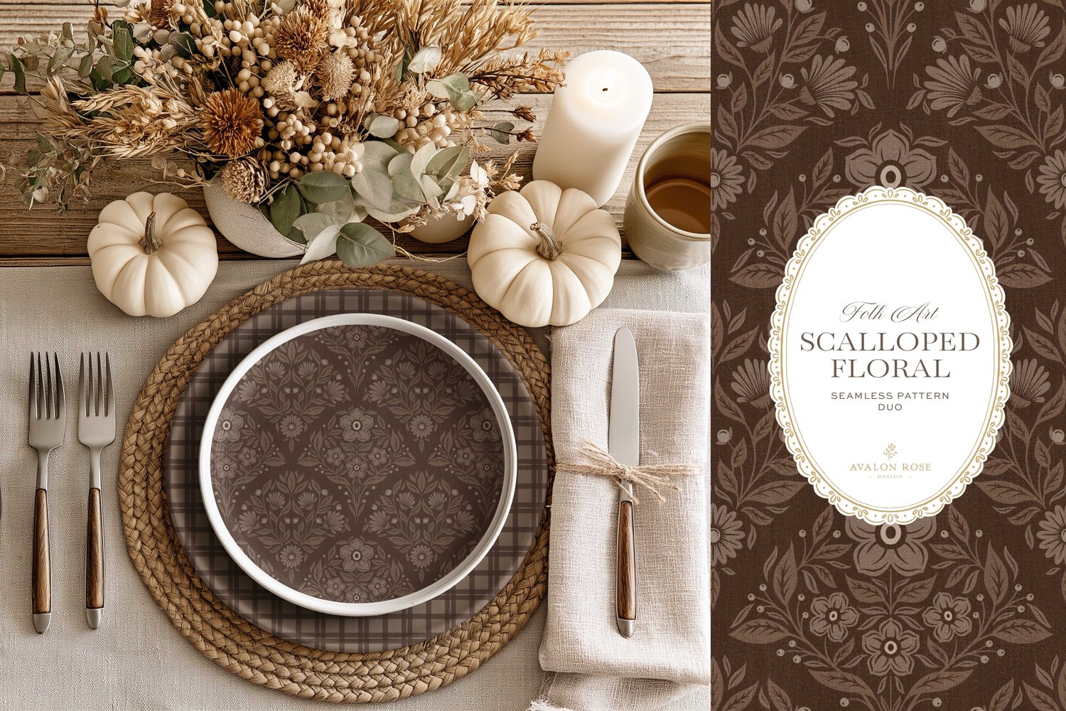 Scalloped Floral Folk Art seamless surface pattern duo features a hand drawn folk art botanical with scalloped florals, leaves, and berries in dark brown with a matching plaid on plates in an autumn table setting