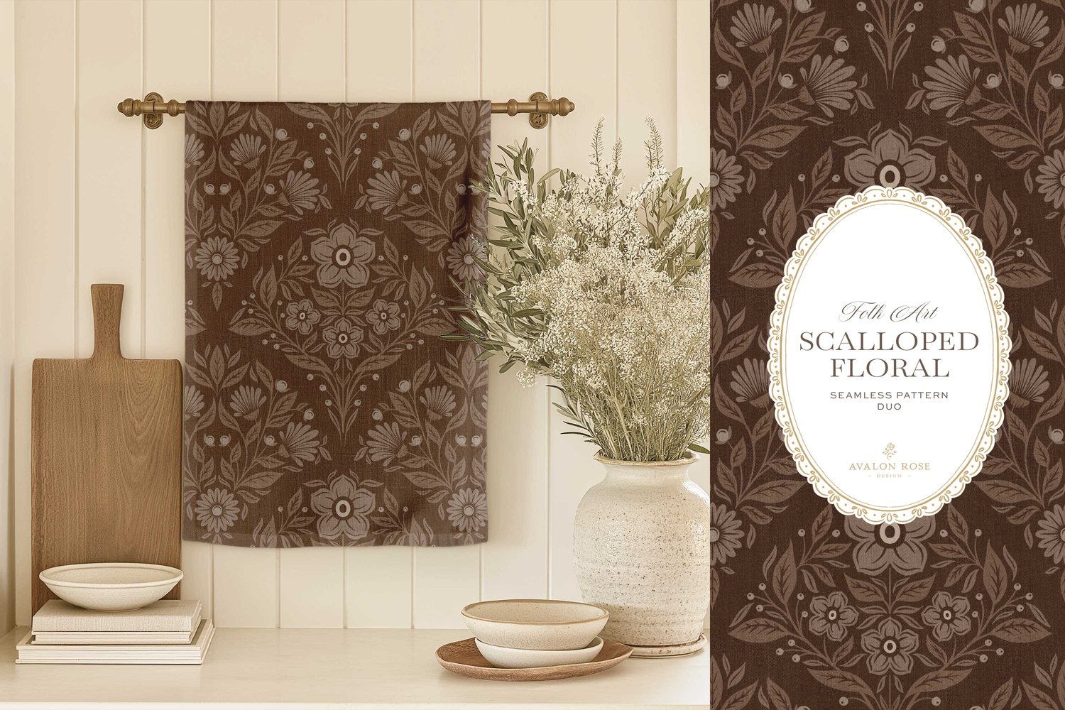 Scalloped Floral Folk Art seamless surface pattern duo features a hand drawn folk art botanical with scalloped florals, leaves, and berries in dark brown with a matching plaid on a tea towel