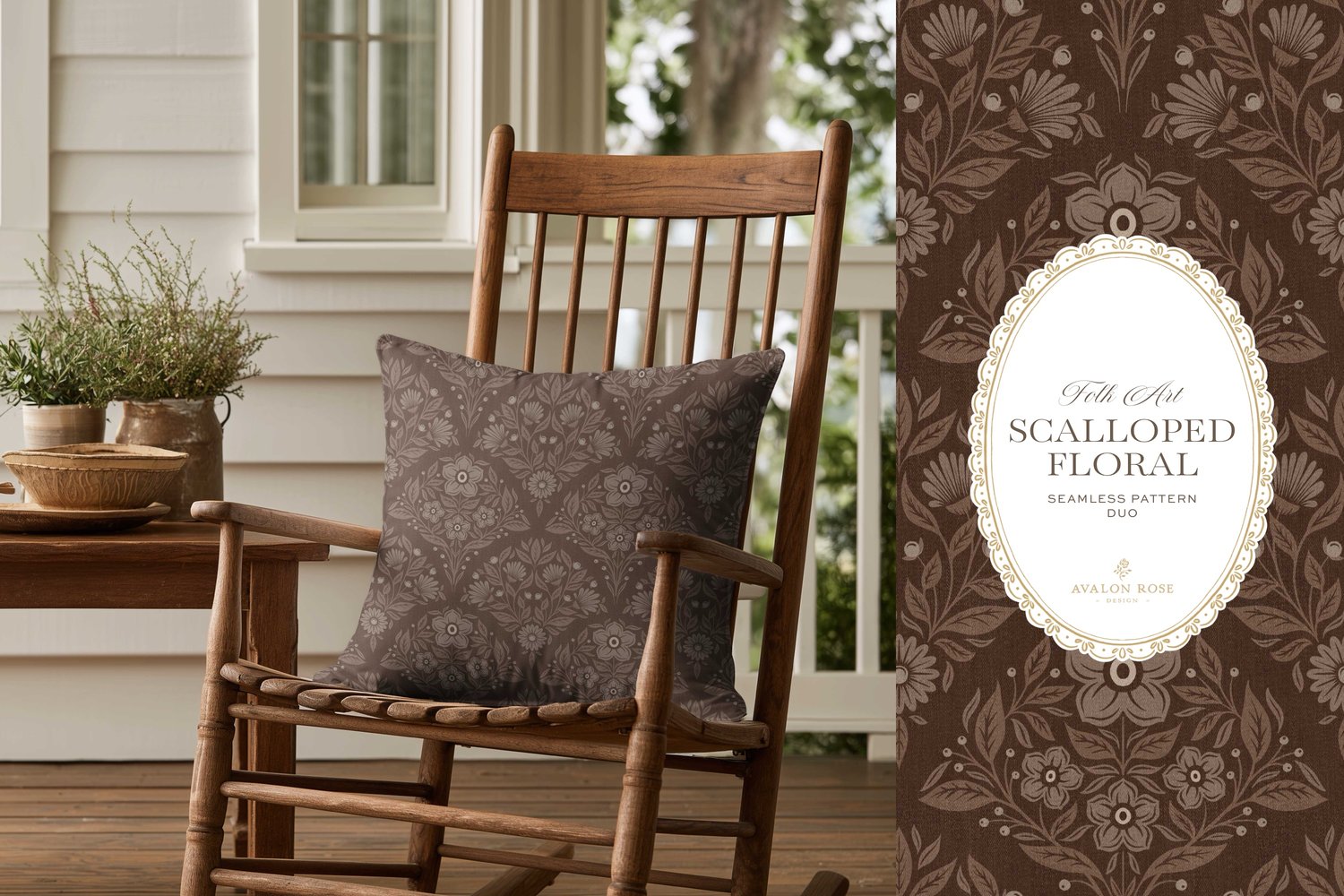 Scalloped Floral Folk Art seamless surface pattern duo features a hand drawn folk art botanical with scalloped florals, leaves, and berries in dark brown with a matching plaid on a pillow in a rocking chair