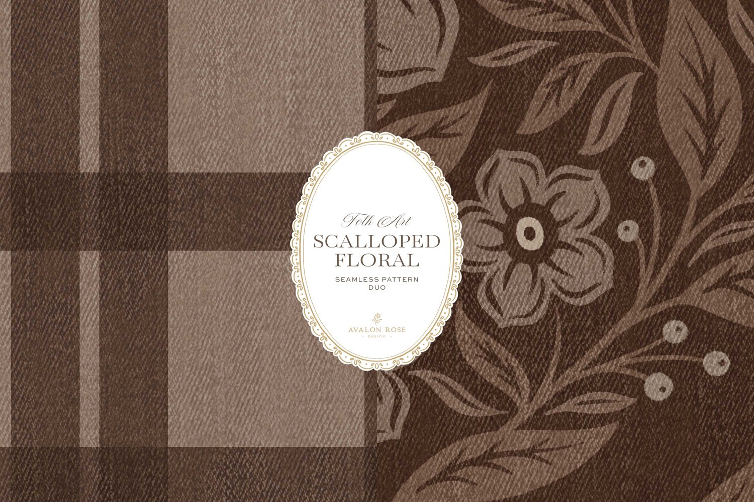 Scalloped Floral Folk Art seamless surface pattern duo features a hand drawn folk art botanical with scalloped florals, leaves, and berries in dark brown with a matching plaid