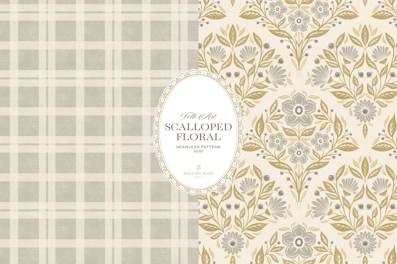 Scalloped Floral Folk Art seamless surface pattern duo features a hand drawn folk art botanical with scalloped florals, leaves, and berries in gray, olive and cream with a matching plaid