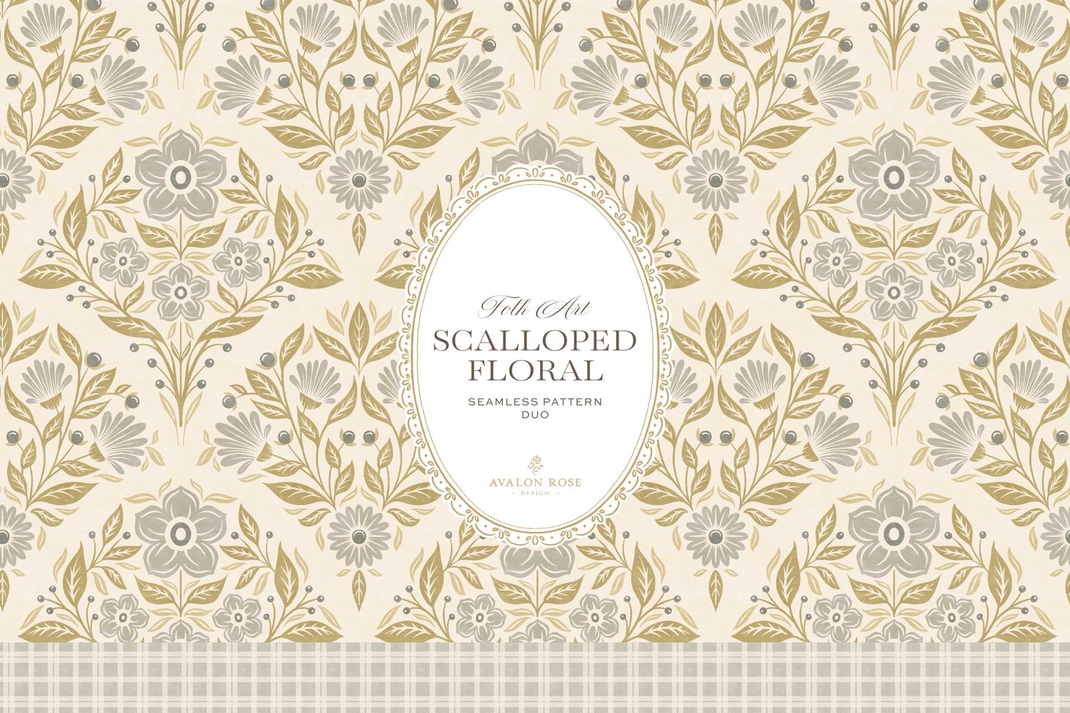Scalloped Floral Folk Art seamless surface pattern duo features a hand drawn folk art botanical with scalloped florals, leaves, and berries in gray, olive and cream with a matching plaid