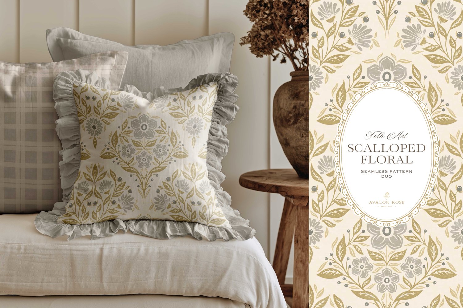 Scalloped Floral Folk Art seamless surface pattern duo features a hand drawn folk art botanical with scalloped florals, leaves, and berries in gray, olive and cream with a matching plaid on a ruffled throw pillow