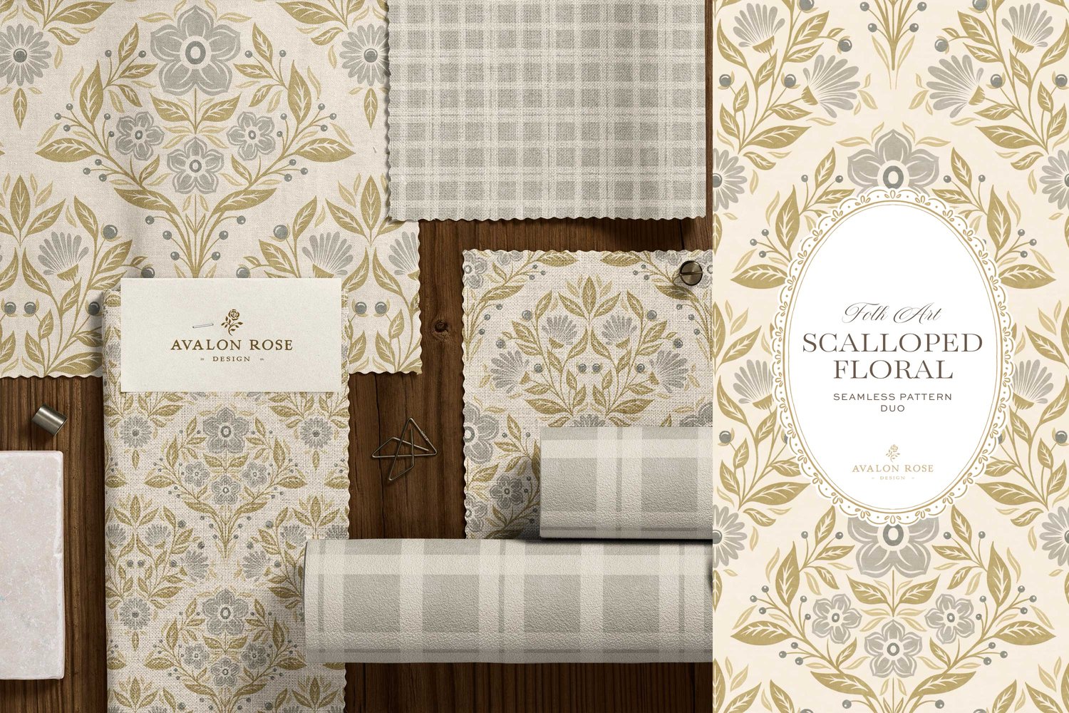 Scalloped Floral Folk Art seamless surface pattern duo features a hand drawn folk art botanical with scalloped florals, leaves, and berries in gray, olive and cream with a matching plaid on fabric and wallpaper swatches