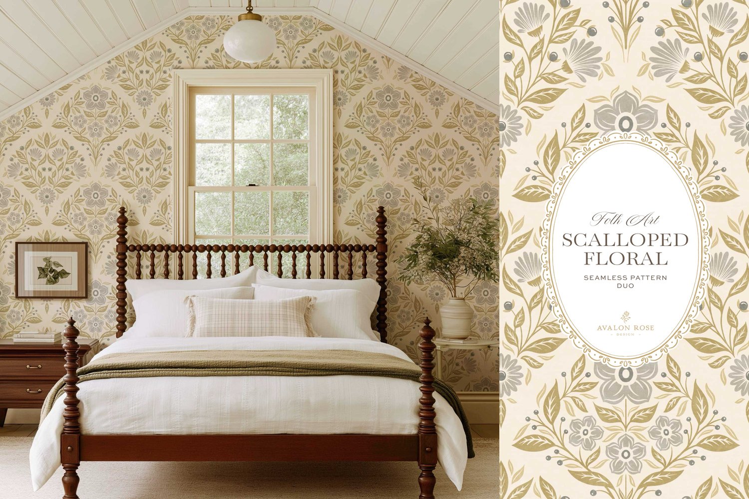 Scalloped Floral Folk Art seamless surface pattern duo features a hand drawn folk art botanical with scalloped florals, leaves, and berries in gray, olive and cream with a matching plaid on bedroom wallpaper