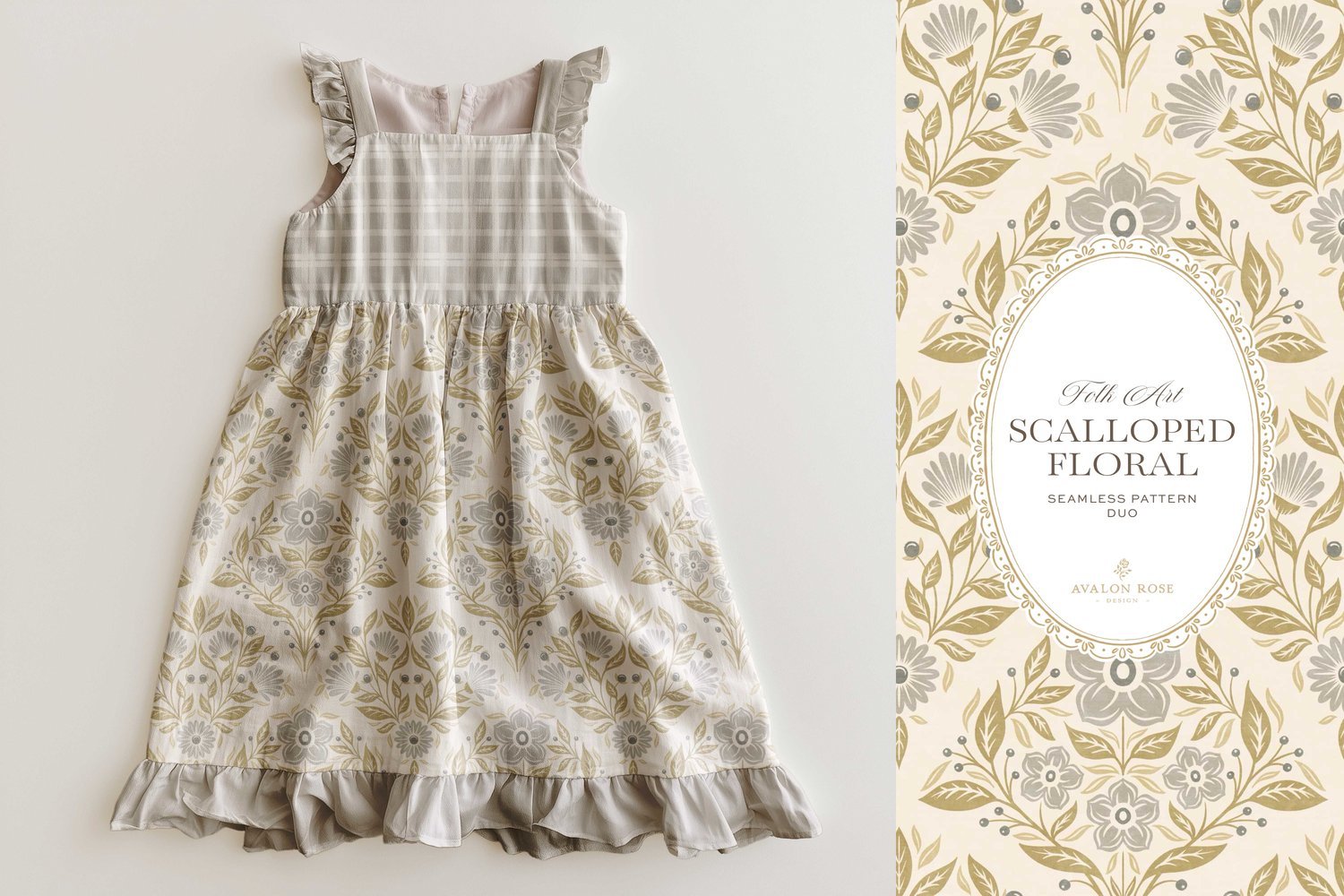 Scalloped Floral Folk Art seamless surface pattern duo features a hand drawn folk art botanical with scalloped florals, leaves, and berries in gray, olive and cream with a matching plaid on a child's dress