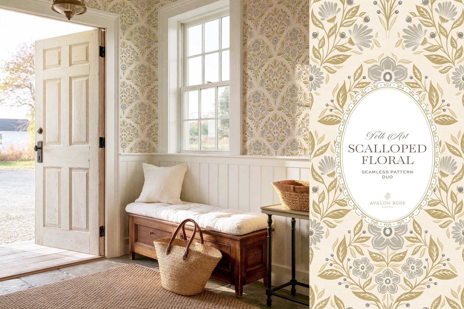 Scalloped Floral Folk Art seamless surface pattern duo features a hand drawn folk art botanical with scalloped florals, leaves, and berries in gray, olive and cream with a matching plaid on wallpaper in an entryway