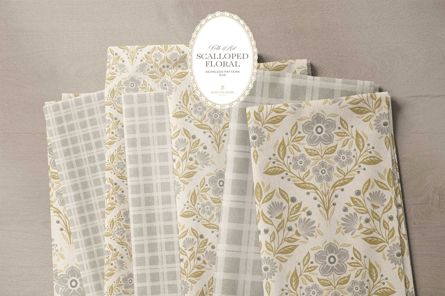 Scalloped Floral Folk Art seamless surface pattern duo features a hand drawn folk art botanical with scalloped florals, leaves, and berries in gray, olive and cream with a matching plaid on bolts of fabric