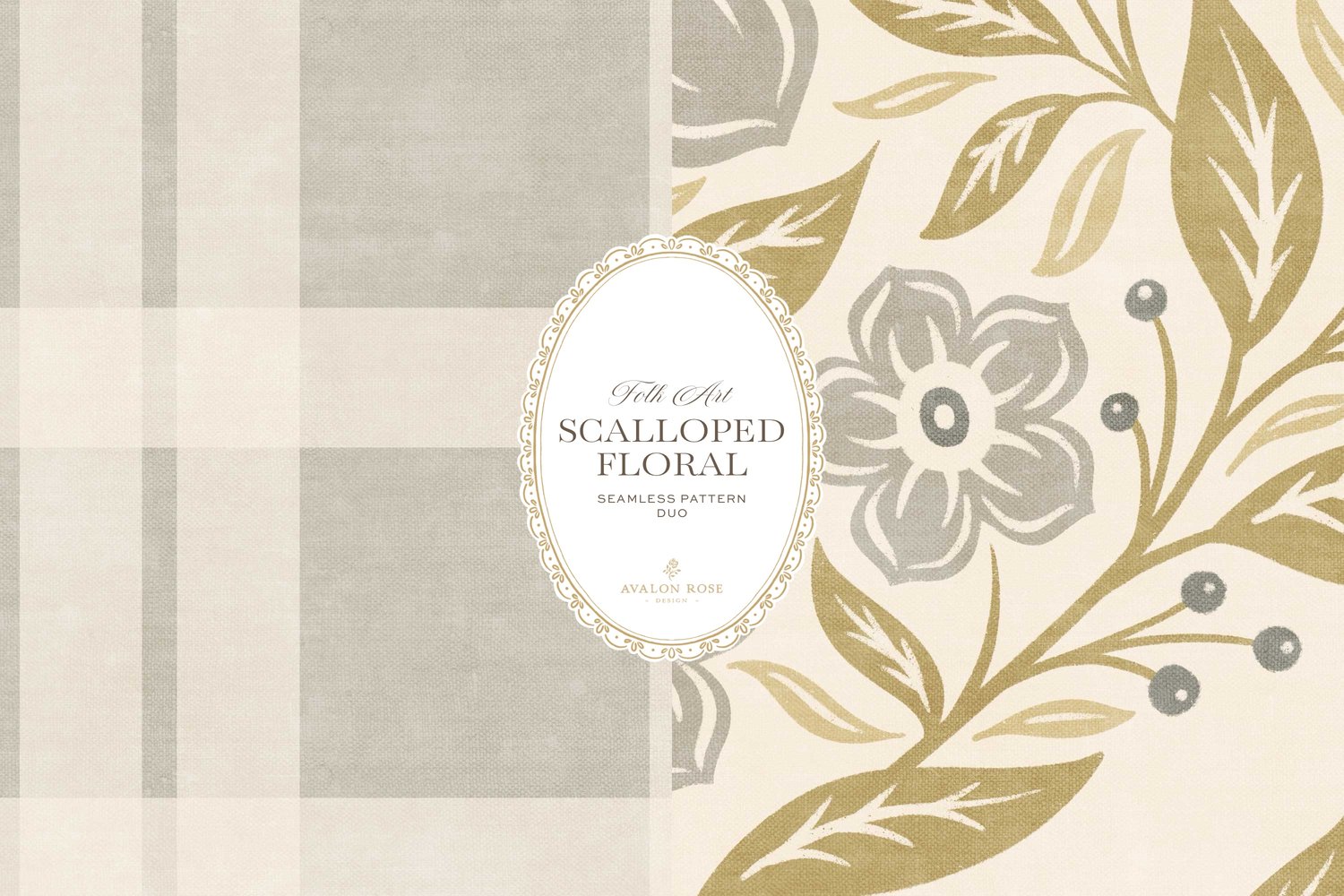 Scalloped Floral Folk Art seamless surface pattern duo features a hand drawn folk art botanical with scalloped florals, leaves, and berries in gray, olive and cream with a matching plaid
