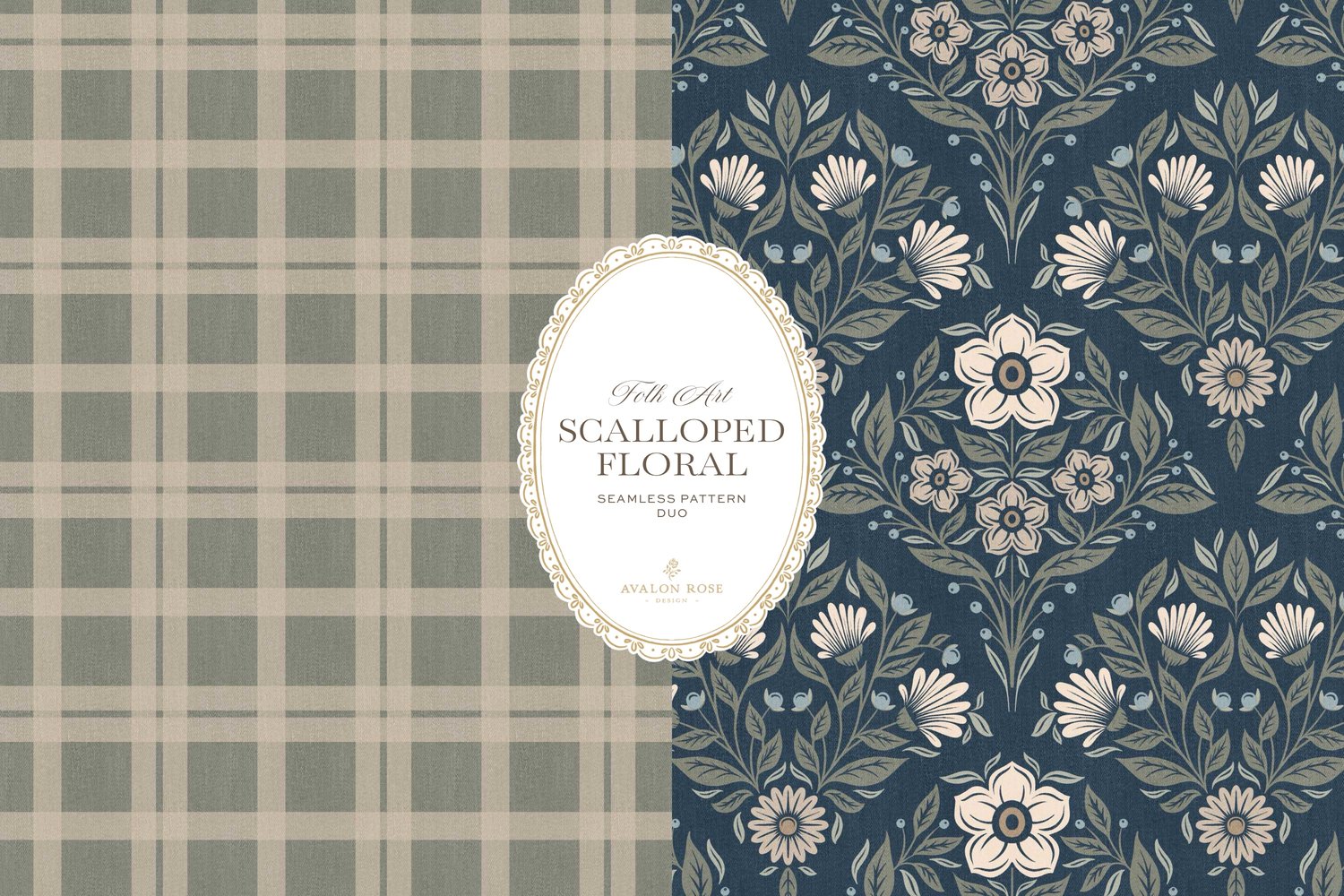 The Scalloped Floral Folk Art seamless surface pattern duo features a hand drawn folk art botanical with scalloped florals, leaves, and berries in navy blue with a matching plaid