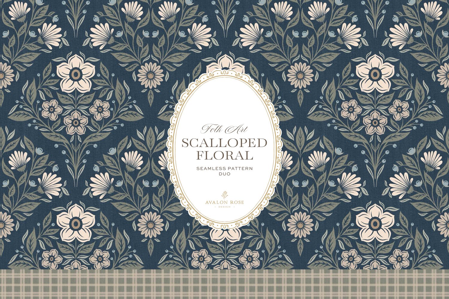 The Scalloped Floral Folk Art seamless surface pattern duo features a hand drawn folk art botanical with scalloped florals, leaves, and berries in navy blue with a matching plaid