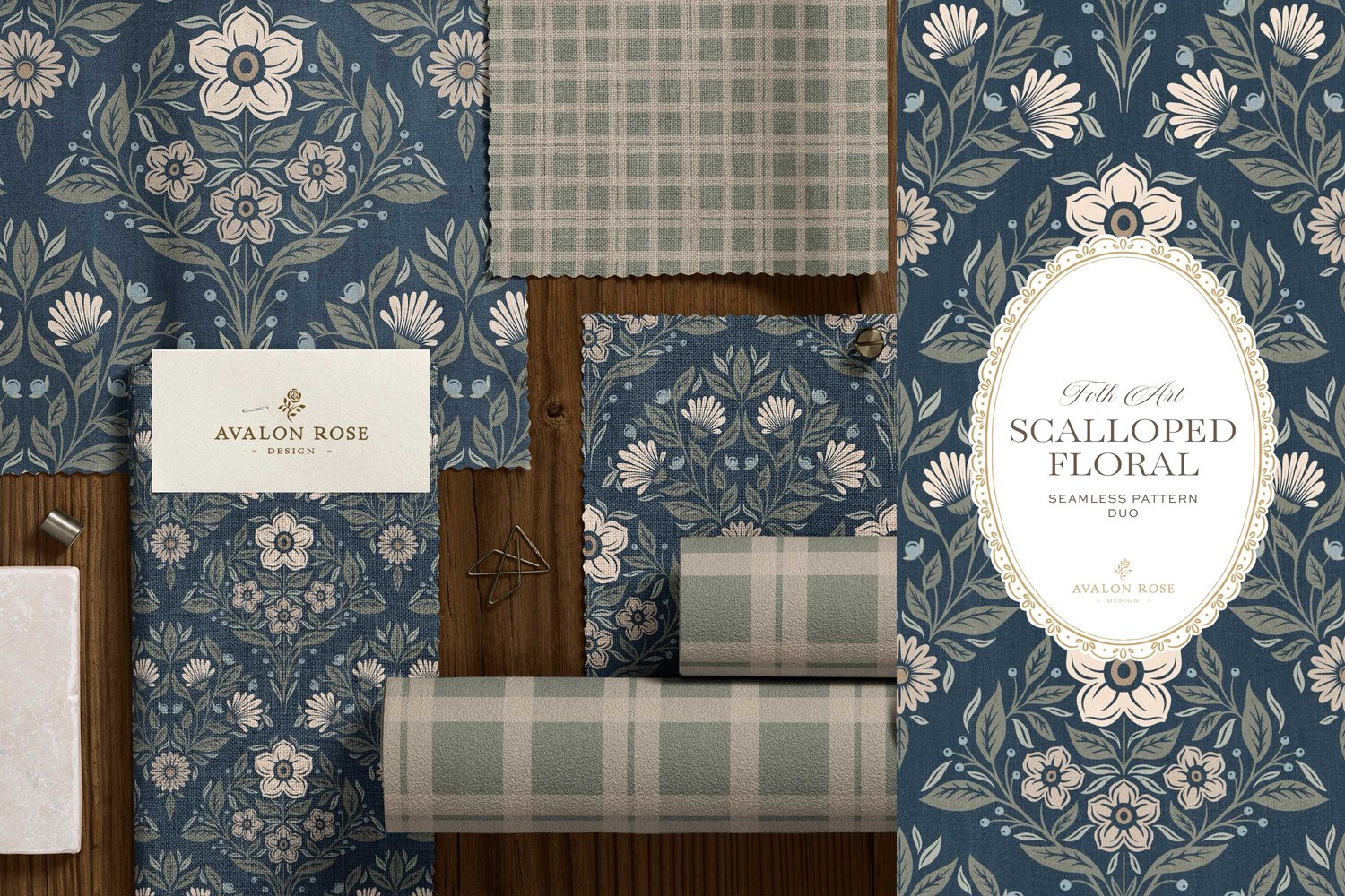 The Scalloped Floral Folk Art seamless surface pattern duo features a hand drawn folk art botanical with scalloped florals, leaves, and berries in navy blue with a matching plaid on fabric and wallpaper swatches