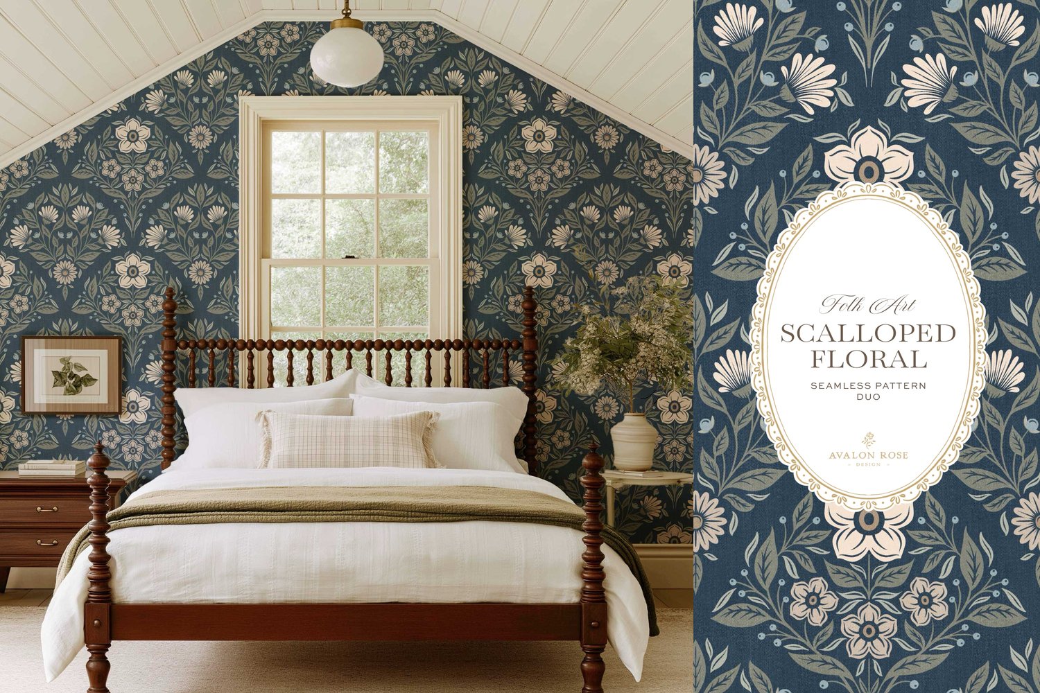 The Scalloped Floral Folk Art seamless surface pattern duo features a hand drawn folk art botanical with scalloped florals, leaves, and berries in navy blue with a matching plaid on bedroom wallpaper
