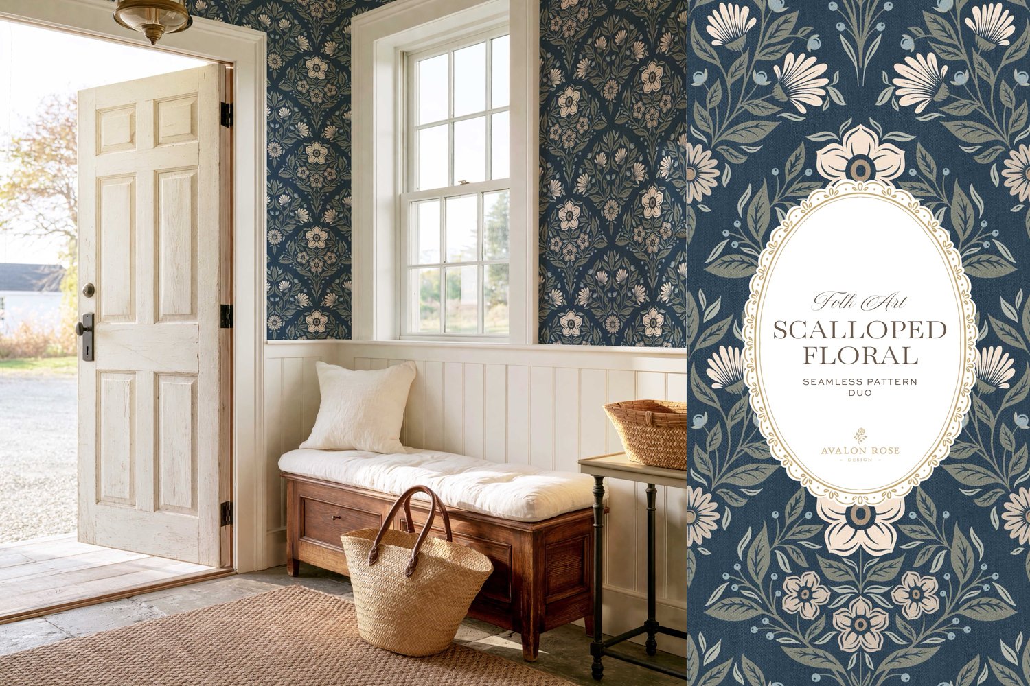 The Scalloped Floral Folk Art seamless surface pattern duo features a hand drawn folk art botanical with scalloped florals, leaves, and berries in navy blue with a matching plaid on wallpaper in an entryway