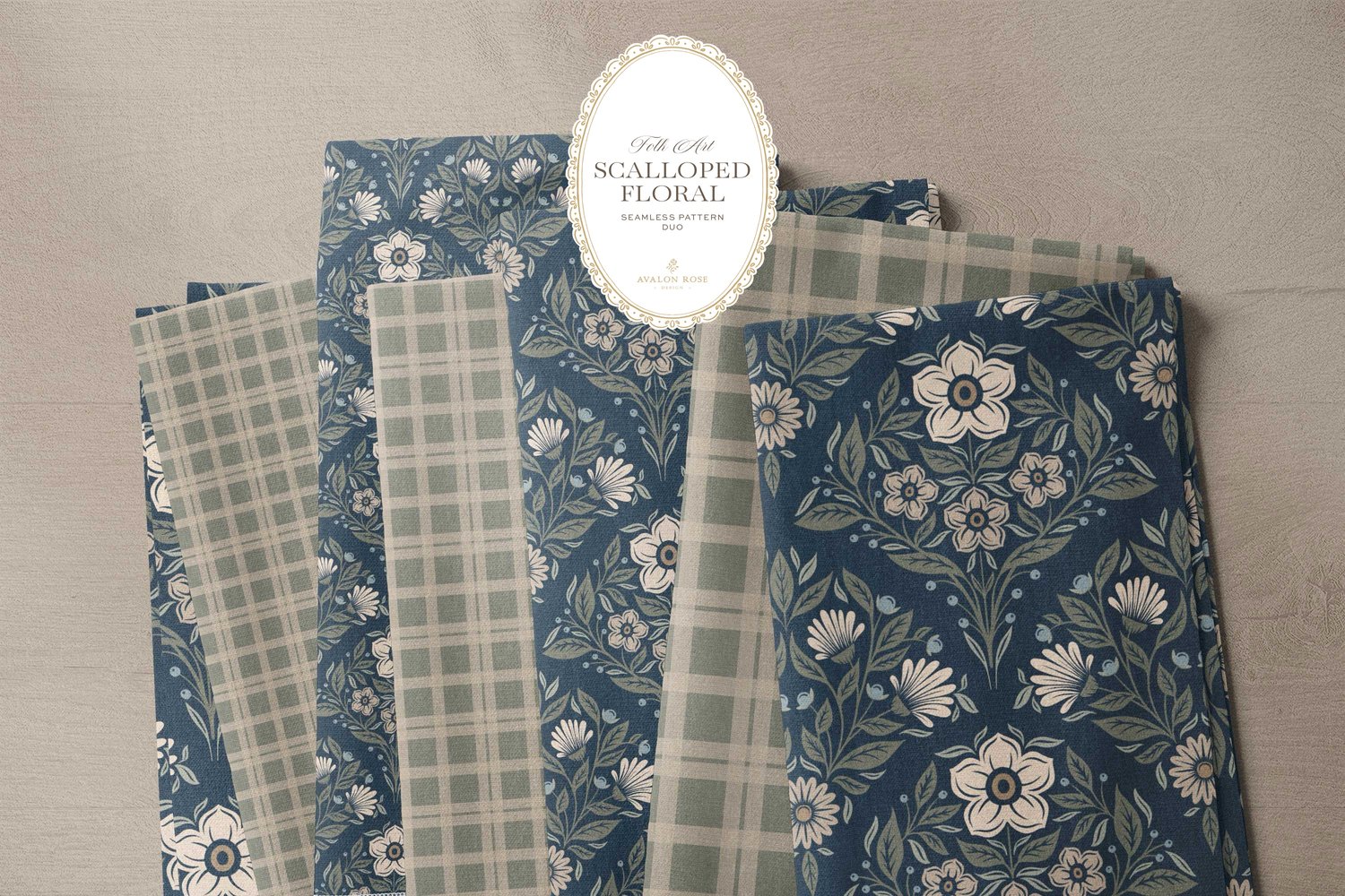 The Scalloped Floral Folk Art seamless surface pattern duo features a hand drawn folk art botanical with scalloped florals, leaves, and berries in navy blue with a matching plaid on bolts of fabric