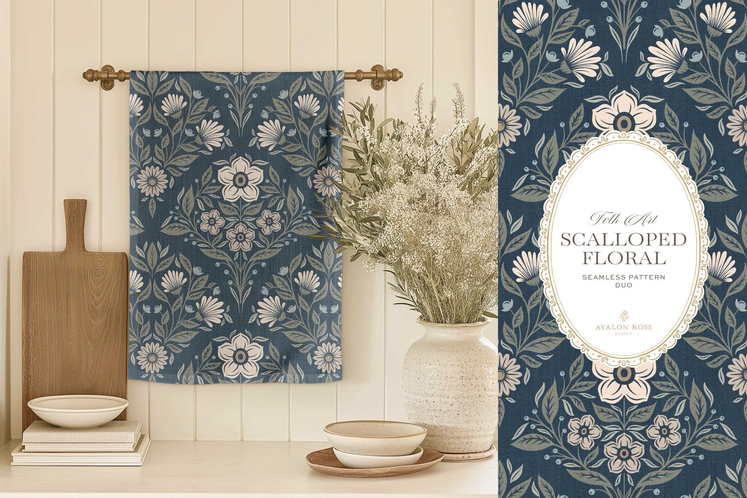 The Scalloped Floral Folk Art seamless surface pattern duo features a hand drawn folk art botanical with scalloped florals, leaves, and berries in navy blue with a matching plaid on a tea towel