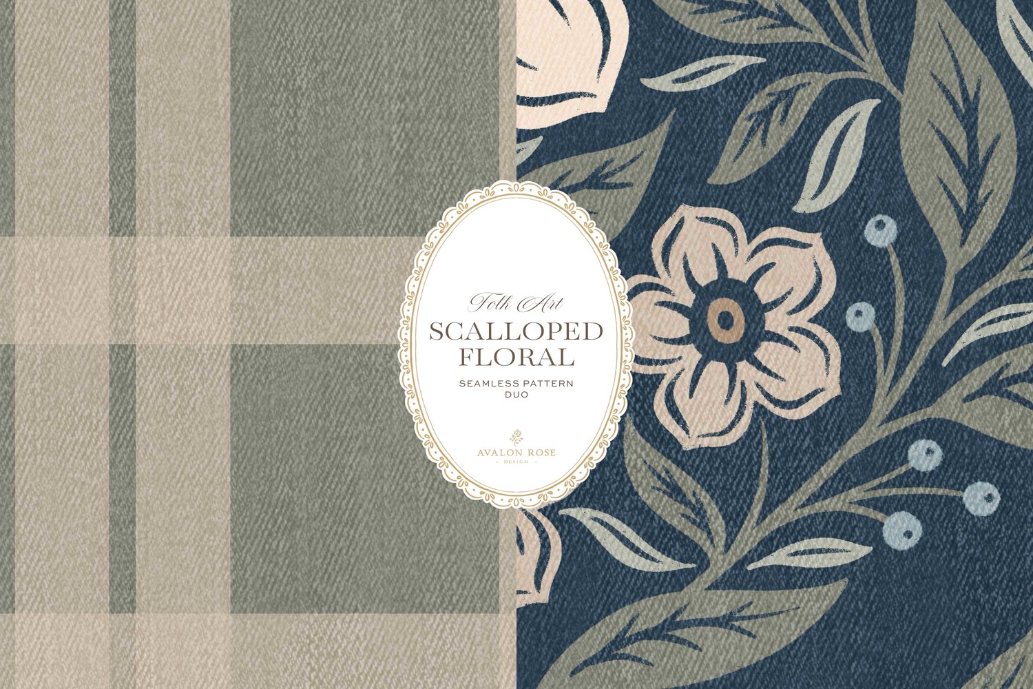 The Scalloped Floral Folk Art seamless surface pattern duo features a hand drawn folk art botanical with scalloped florals, leaves, and berries in navy blue with a matching plaid