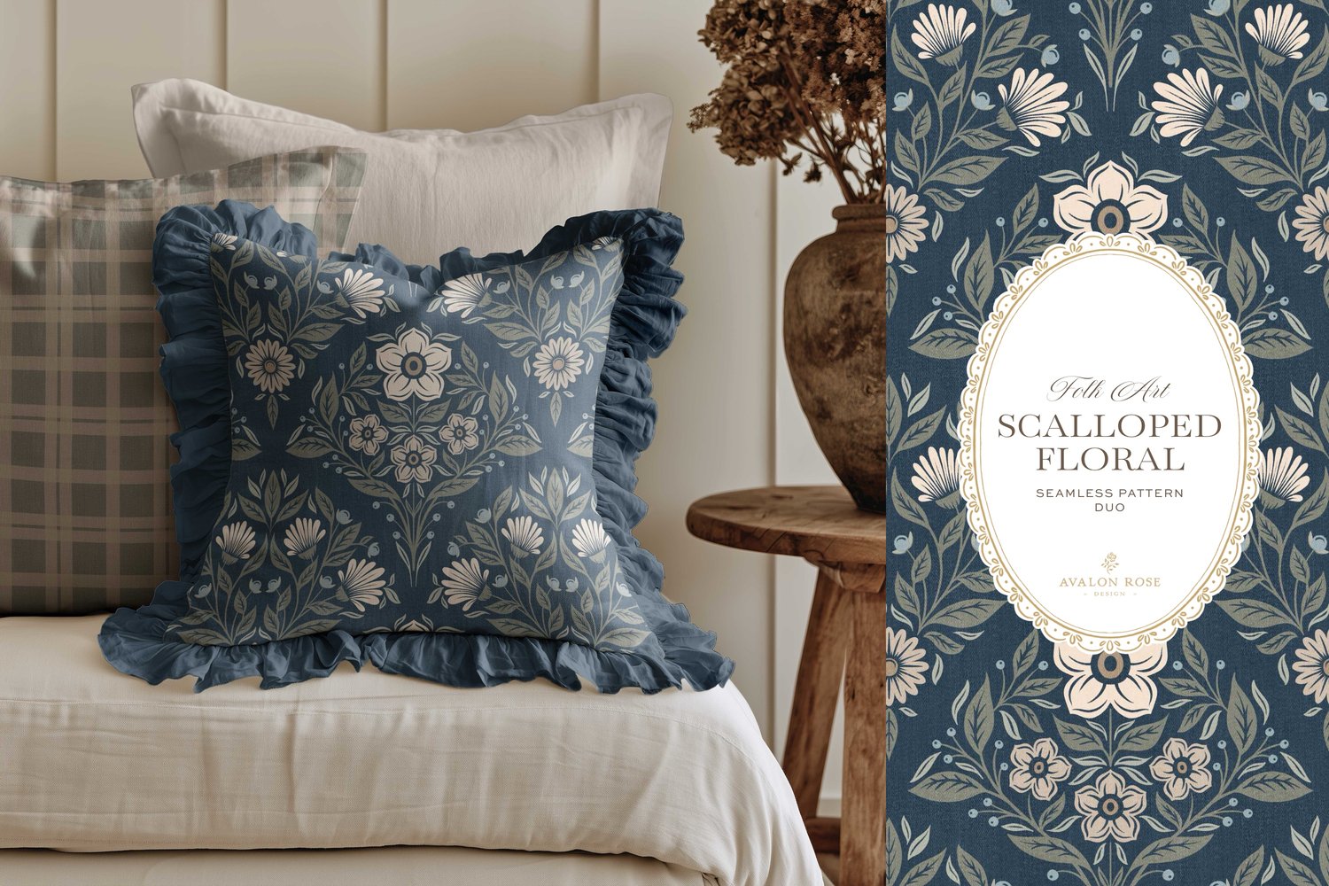 The Scalloped Floral Folk Art seamless surface pattern duo features a hand drawn folk art botanical with scalloped florals, leaves, and berries in navy blue with a matching plaid on a ruffled throw pillow