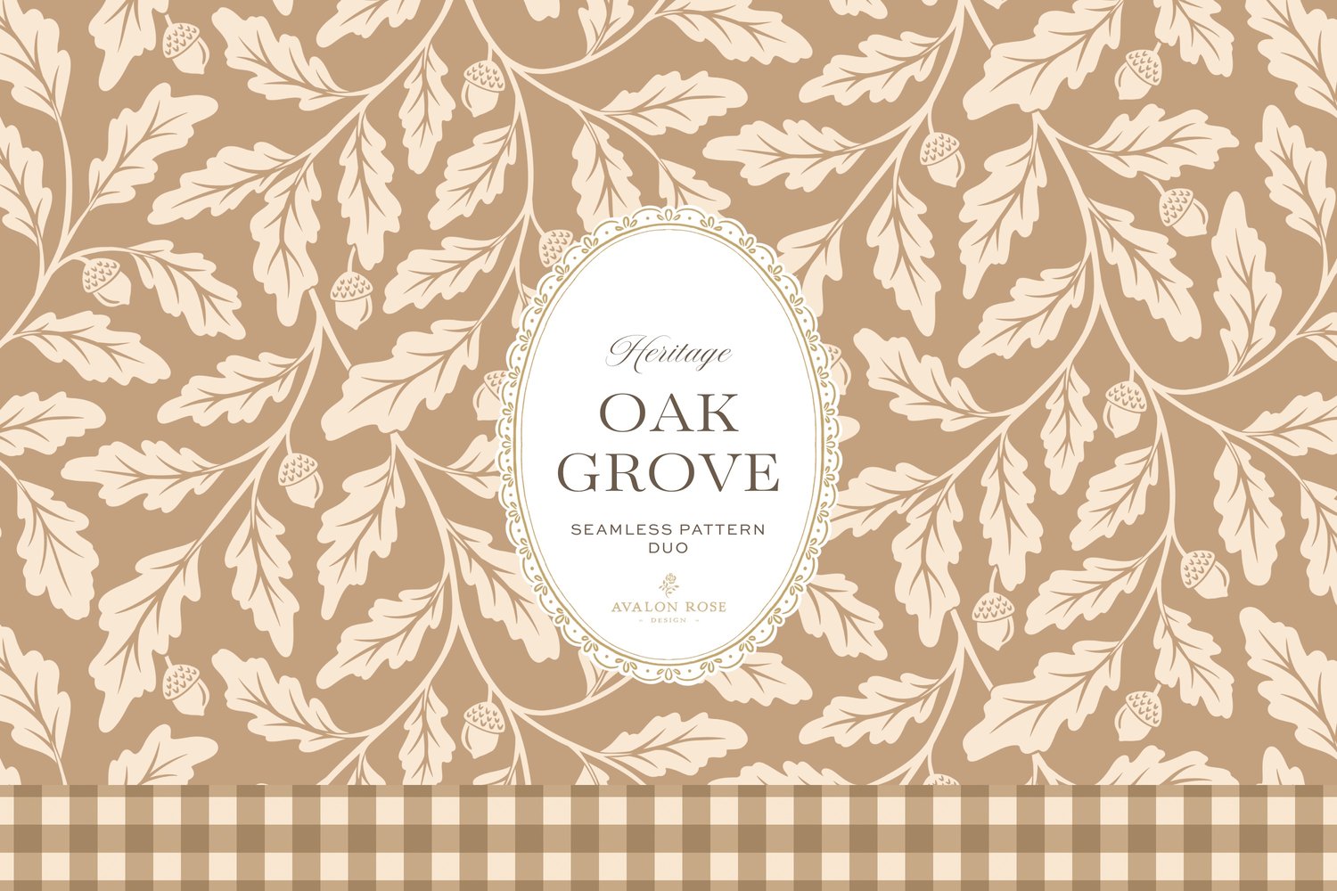 Oak Grove seamless surface pattern duo features hand drawn oak leaves and acorns in a flowing tonal design, paired with a coordinating gingham check in tan