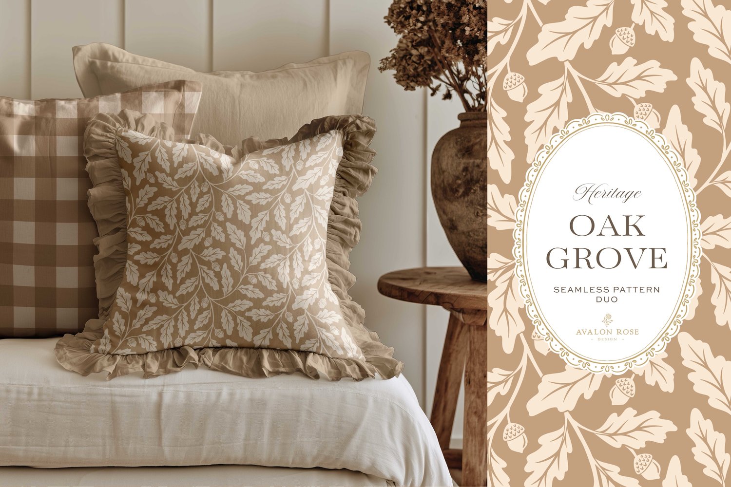 Oak Grove seamless surface pattern duo features hand drawn oak leaves and acorns in a flowing tonal design, paired with a coordinating gingham check in tan on a ruffled throw pillow