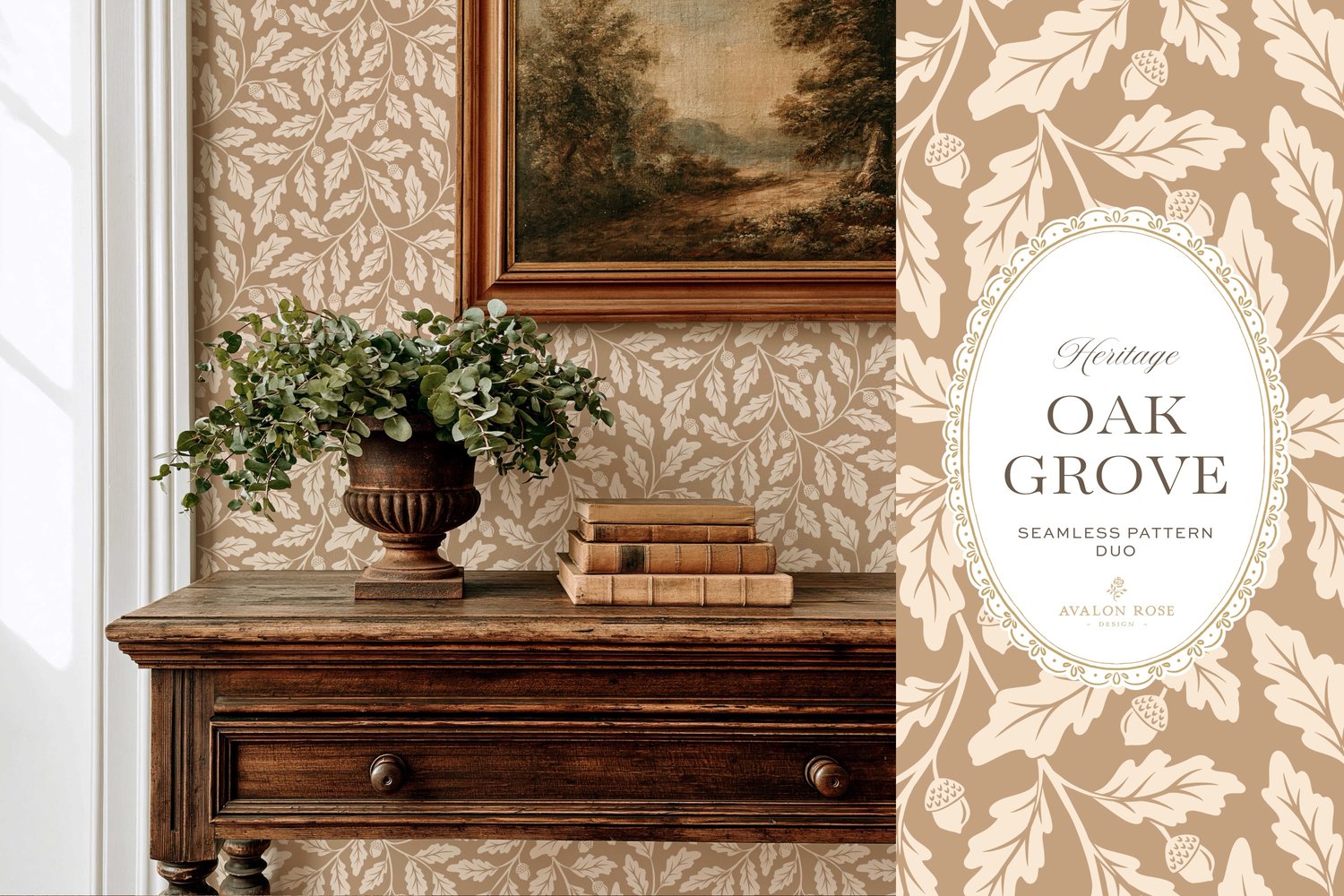 Oak Grove seamless surface pattern duo features hand drawn oak leaves and acorns in a flowing tonal design, paired with a coordinating gingham check in tan on wallpaper