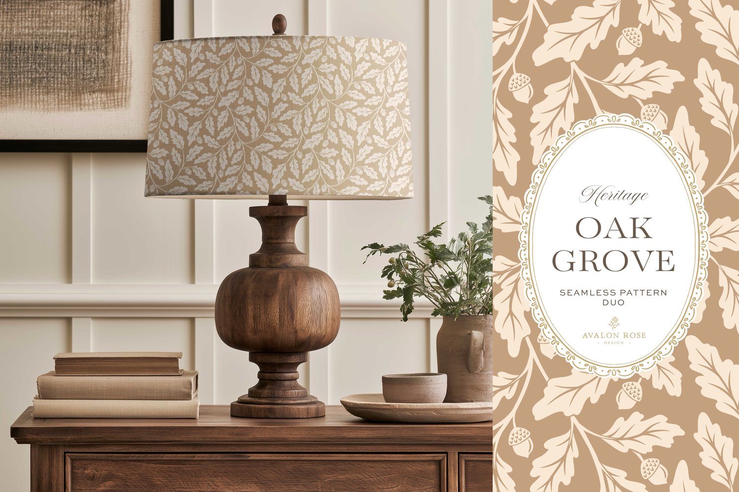 Oak Grove seamless surface pattern duo features hand drawn oak leaves and acorns in a flowing tonal design, paired with a coordinating gingham check in tan on a lampshade