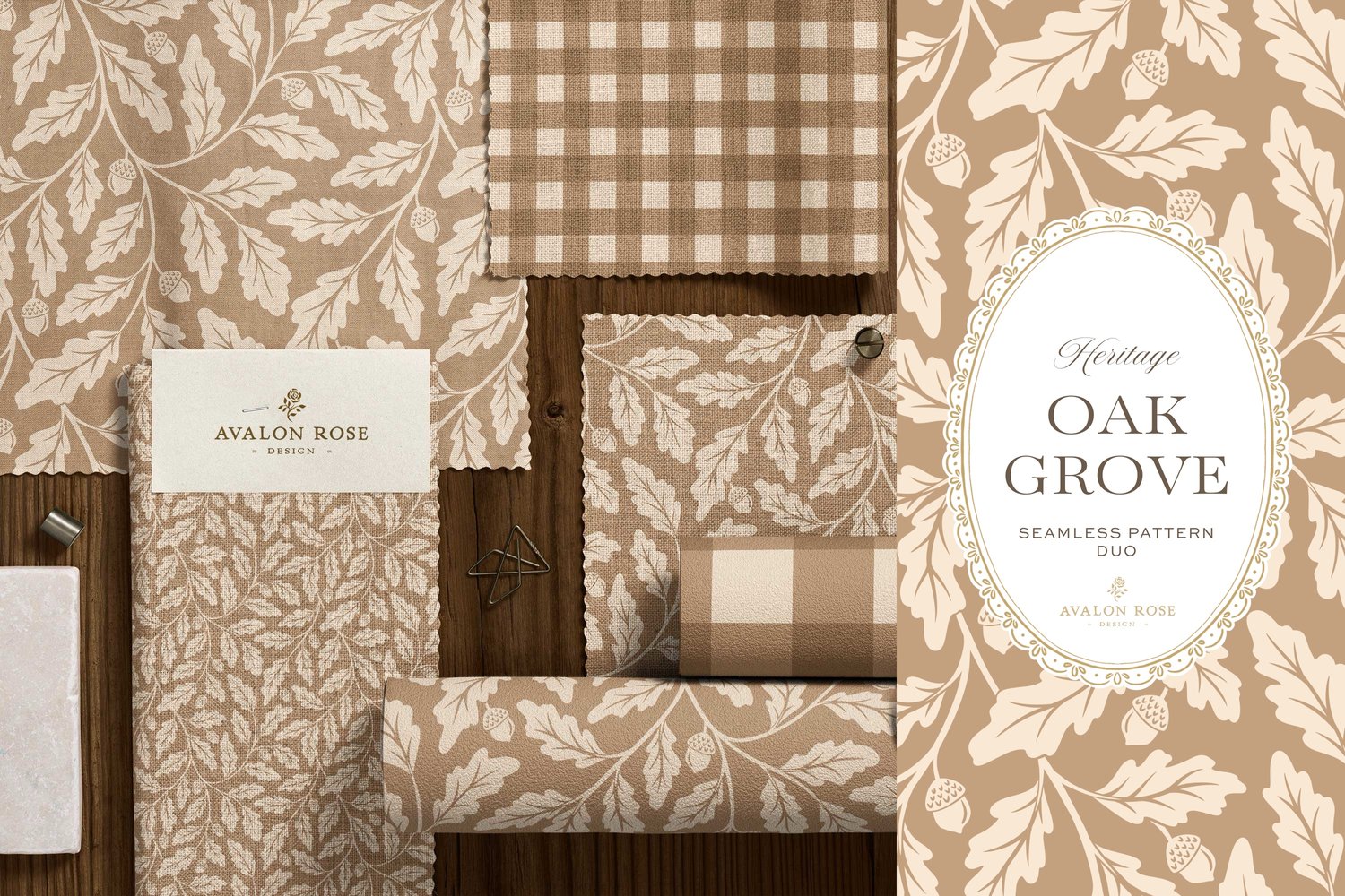 Oak Grove seamless surface pattern duo features hand drawn oak leaves and acorns in a flowing tonal design, paired with a coordinating gingham check in tan on fabric and wallpaper swatches