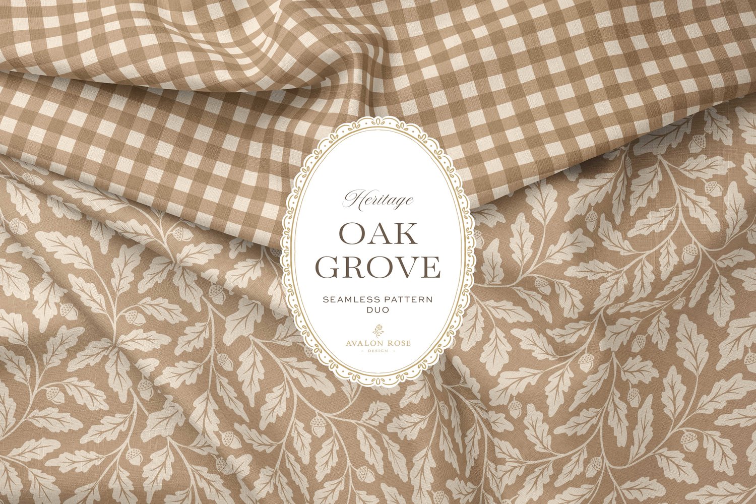 Oak Grove seamless surface pattern duo features hand drawn oak leaves and acorns in a flowing tonal design, paired with a coordinating gingham check in tan on folded fabric