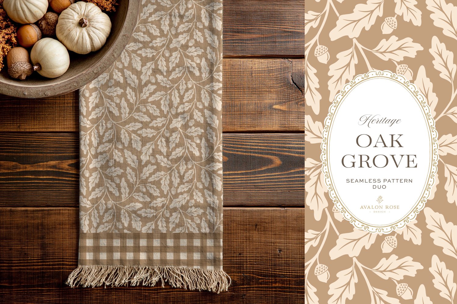 Oak Grove seamless surface pattern duo features hand drawn oak leaves and acorns in a flowing tonal design, paired with a coordinating gingham check in tan on a table runner