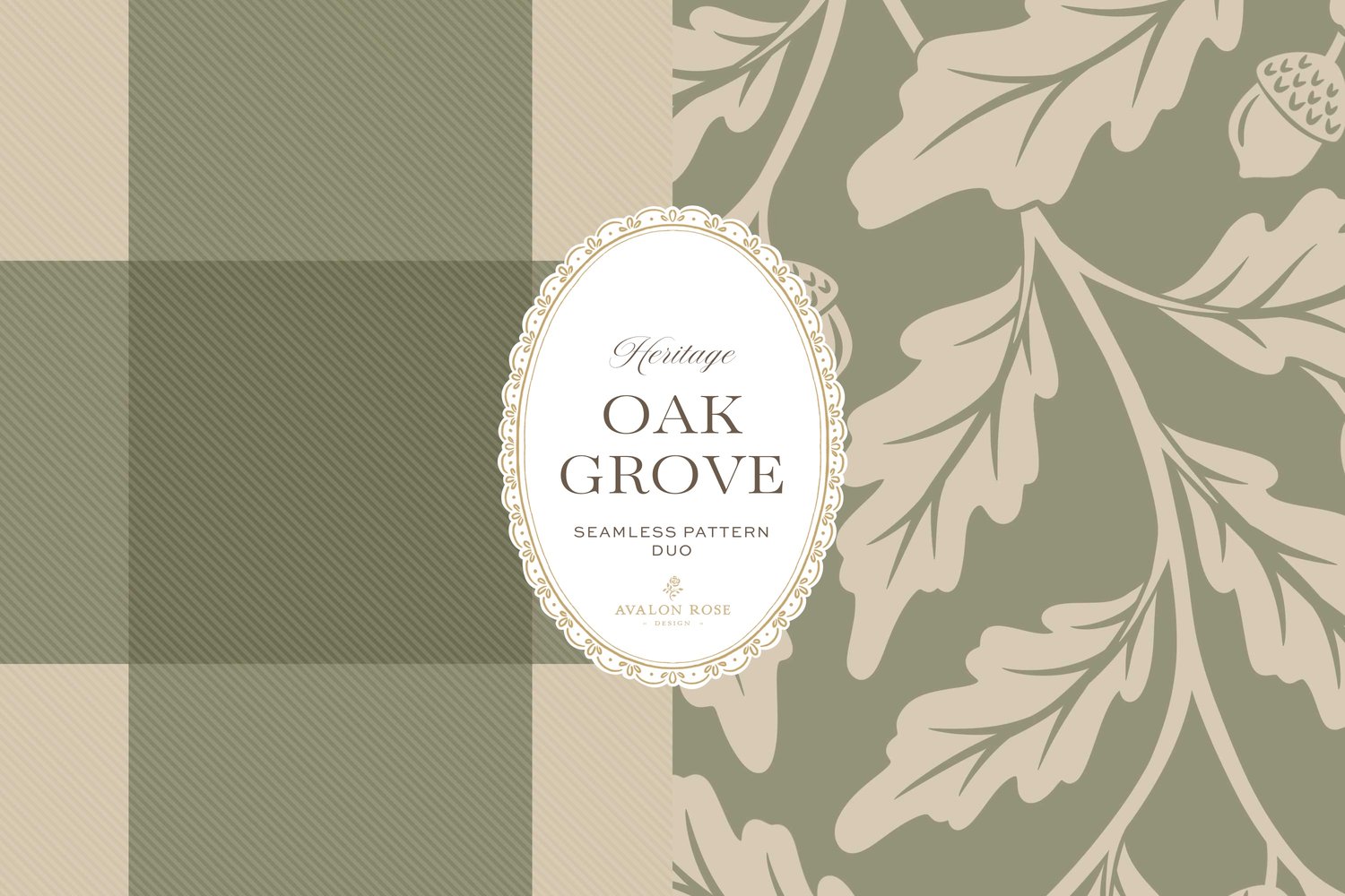 Oak Grove seamless surface pattern duo features hand drawn oak leaves and acorns in a flowing tonal design, paired with a coordinating gingham check in sage green