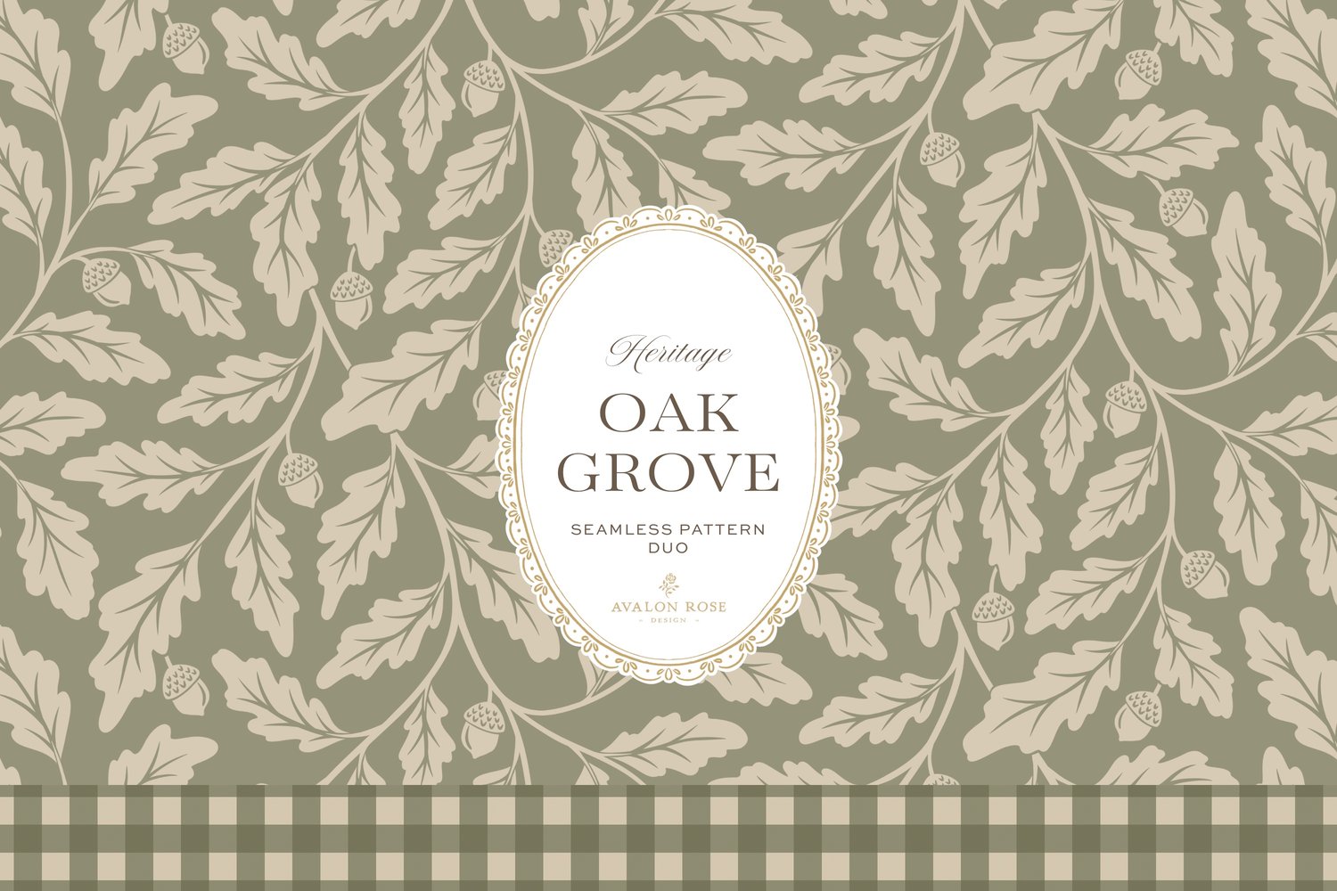 Oak Grove seamless surface pattern duo features hand drawn oak leaves and acorns in a flowing tonal design, paired with a coordinating gingham check in sage green