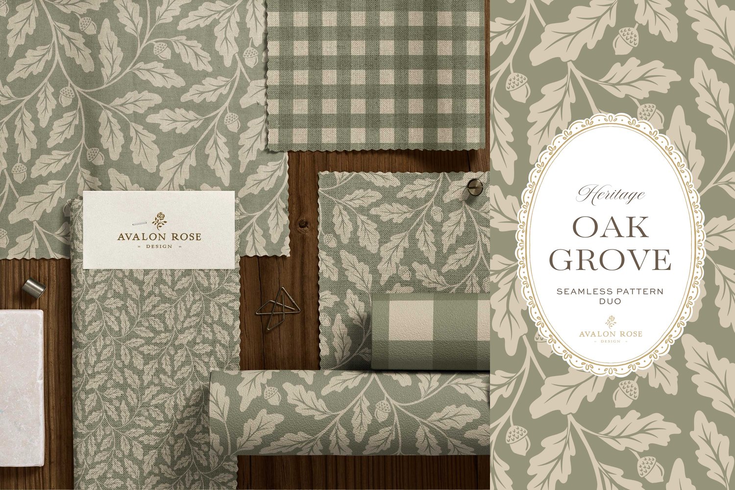 Oak Grove seamless surface pattern duo features hand drawn oak leaves and acorns in a flowing tonal design, paired with a coordinating gingham check in sage green on fabric and wallpaper swatches
