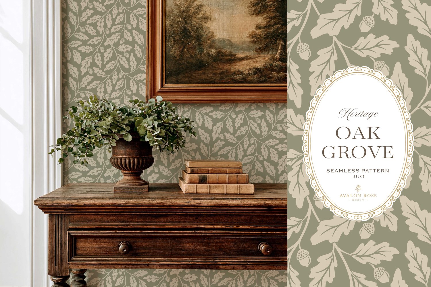 Oak Grove seamless surface pattern duo features hand drawn oak leaves and acorns in a flowing tonal design, paired with a coordinating gingham check in sage green on wallpaper