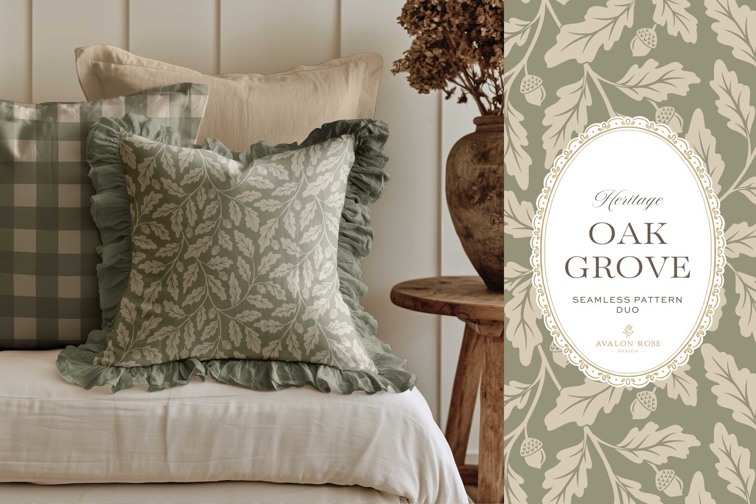 Oak Grove seamless surface pattern duo features hand drawn oak leaves and acorns in a flowing tonal design, paired with a coordinating gingham check in sage green on a ruffled throw pillow