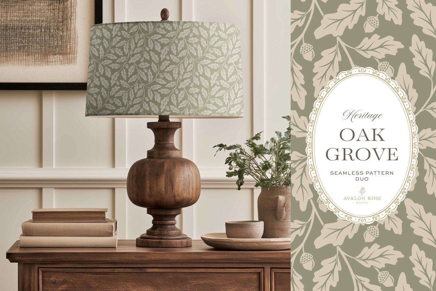 Oak Grove seamless surface pattern duo features hand drawn oak leaves and acorns in a flowing tonal design, paired with a coordinating gingham check in sage green on a lamp shade