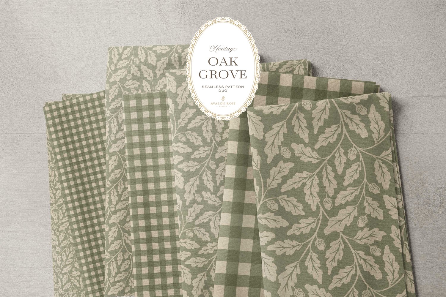 Oak Grove seamless surface pattern duo features hand drawn oak leaves and acorns in a flowing tonal design, paired with a coordinating gingham check in sage green on bolts of fabric