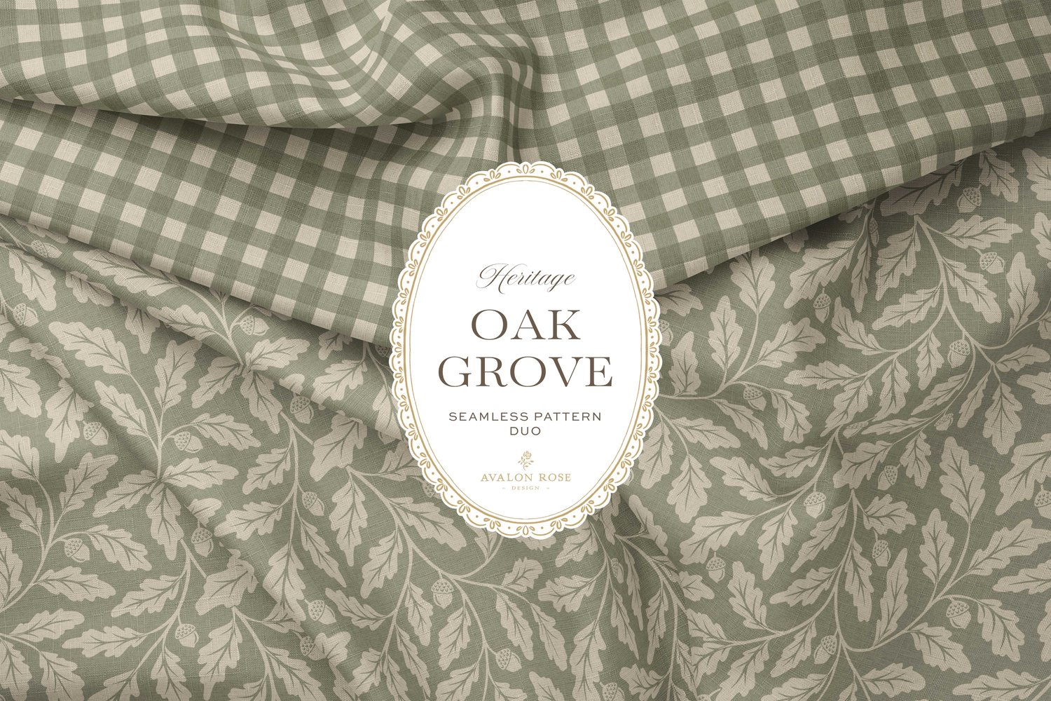 Oak Grove seamless surface pattern duo features hand drawn oak leaves and acorns in a flowing tonal design, paired with a coordinating gingham check in sage green on fabric