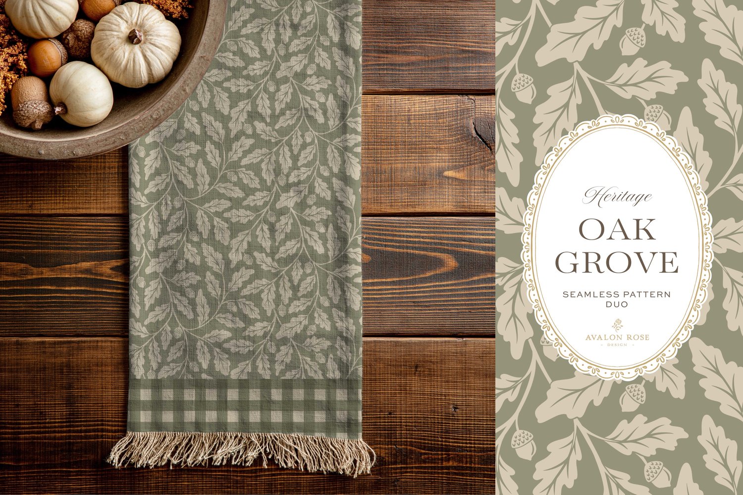 Oak Grove seamless surface pattern duo features hand drawn oak leaves and acorns in a flowing tonal design, paired with a coordinating gingham check in sage green on a table runner