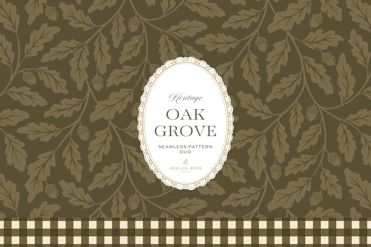 Oak Grove seamless surface pattern duo features hand drawn oak leaves and acorns in a flowing tonal design, paired with a coordinating gingham check in olive green