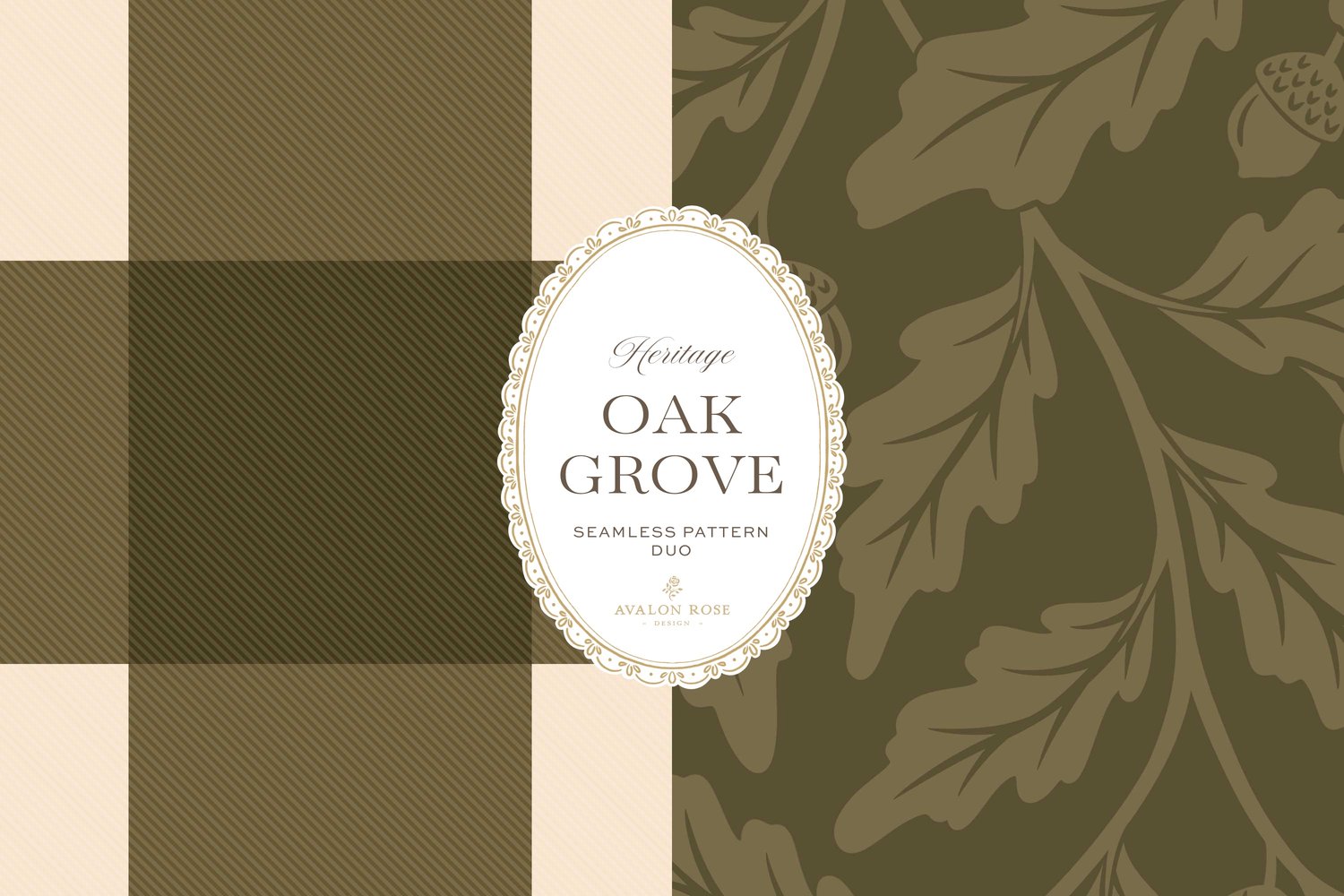 Oak Grove seamless surface pattern duo features hand drawn oak leaves and acorns in a flowing tonal design, paired with a coordinating gingham check in olive green