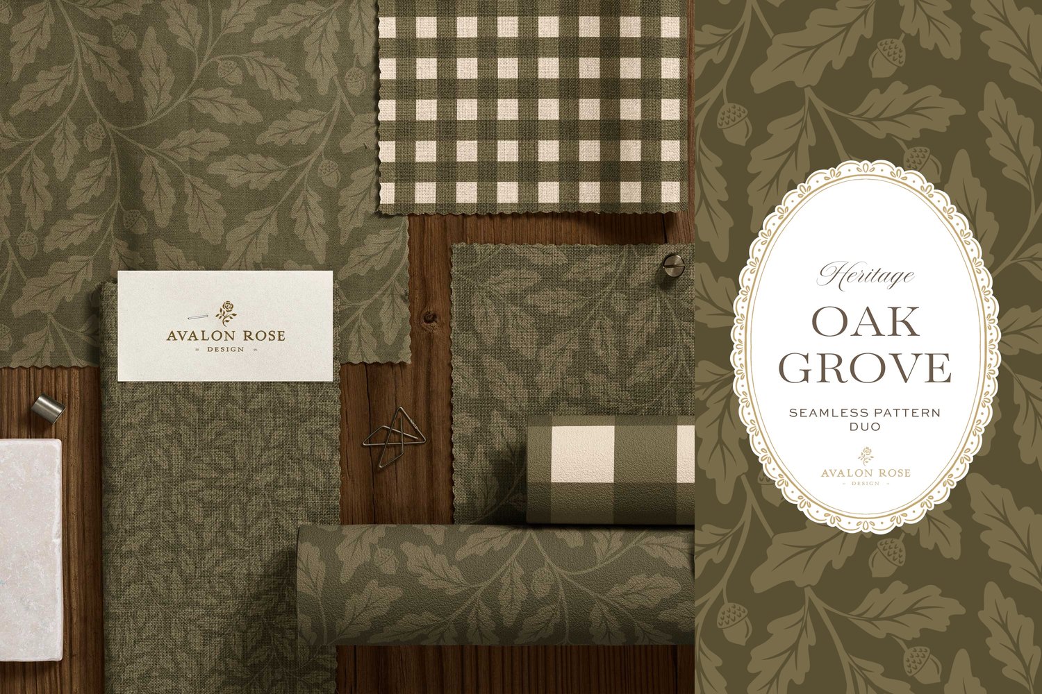 Oak Grove seamless surface pattern duo features hand drawn oak leaves and acorns in a flowing tonal design, paired with a coordinating gingham check in olive green on wallpaper and fabric swatches