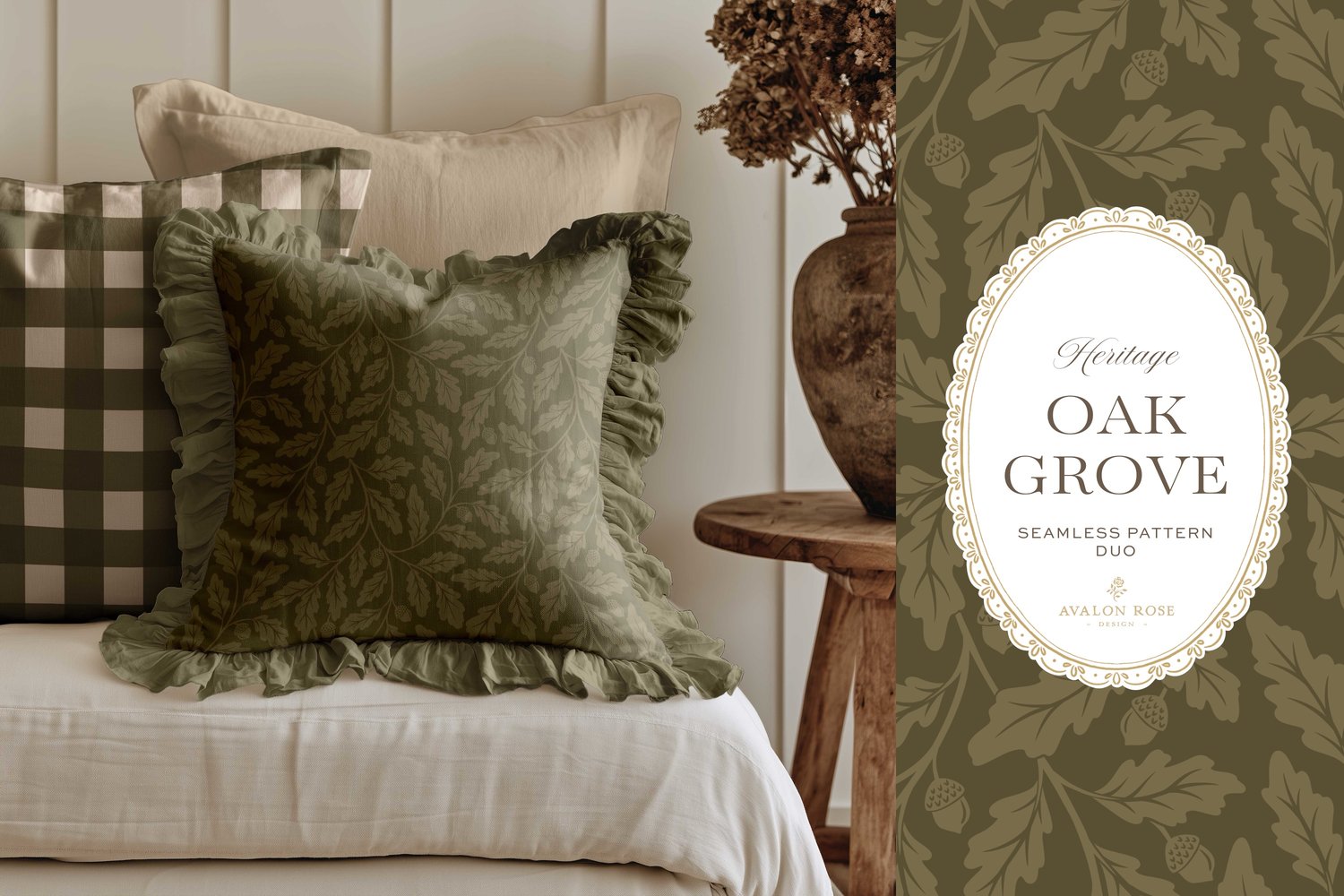 Oak Grove seamless surface pattern duo features hand drawn oak leaves and acorns in a flowing tonal design, paired with a coordinating gingham check in olive green on ruffled throw pillow
