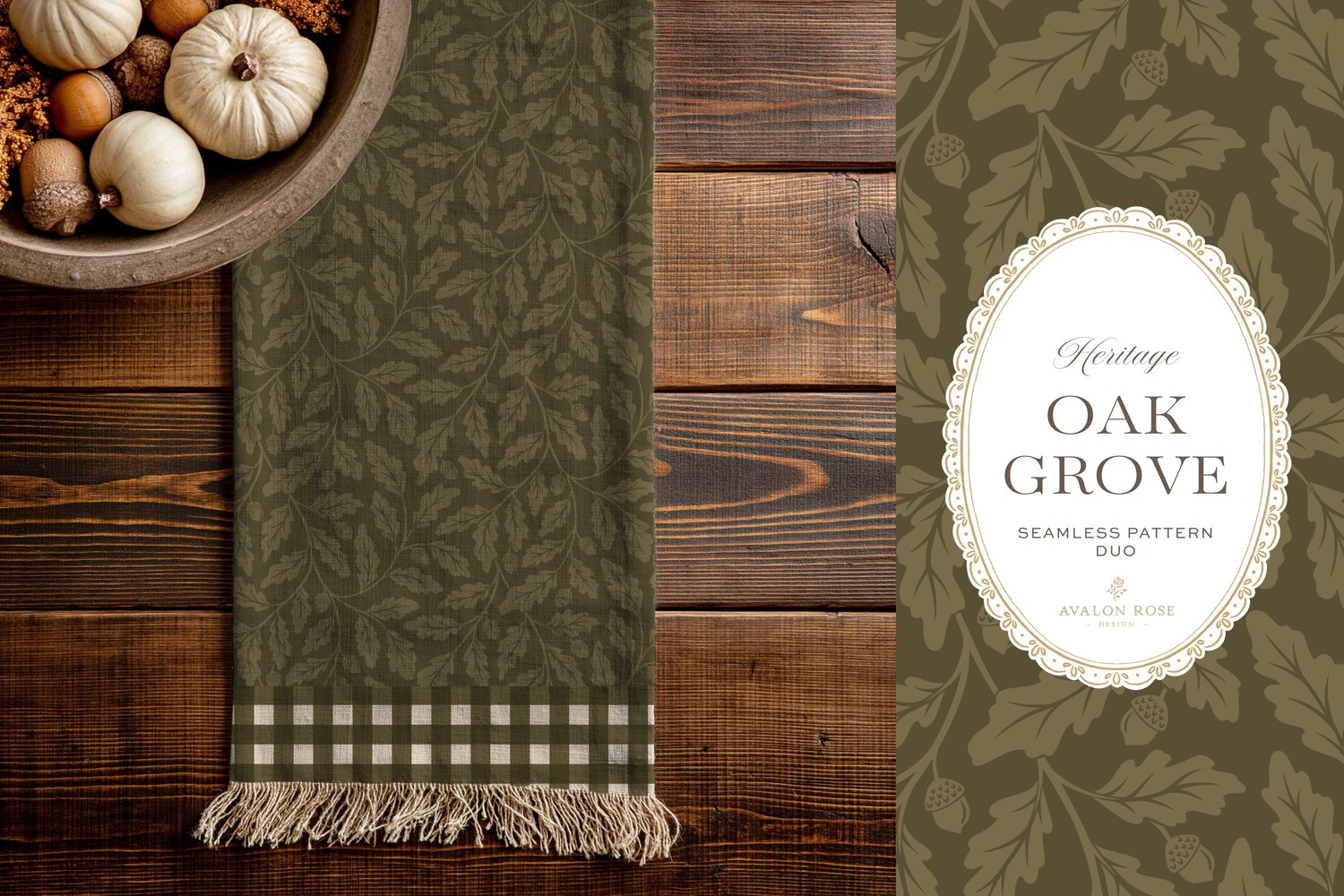 Oak Grove seamless surface pattern duo features hand drawn oak leaves and acorns in a flowing tonal design, paired with a coordinating gingham check in olive green on table runner