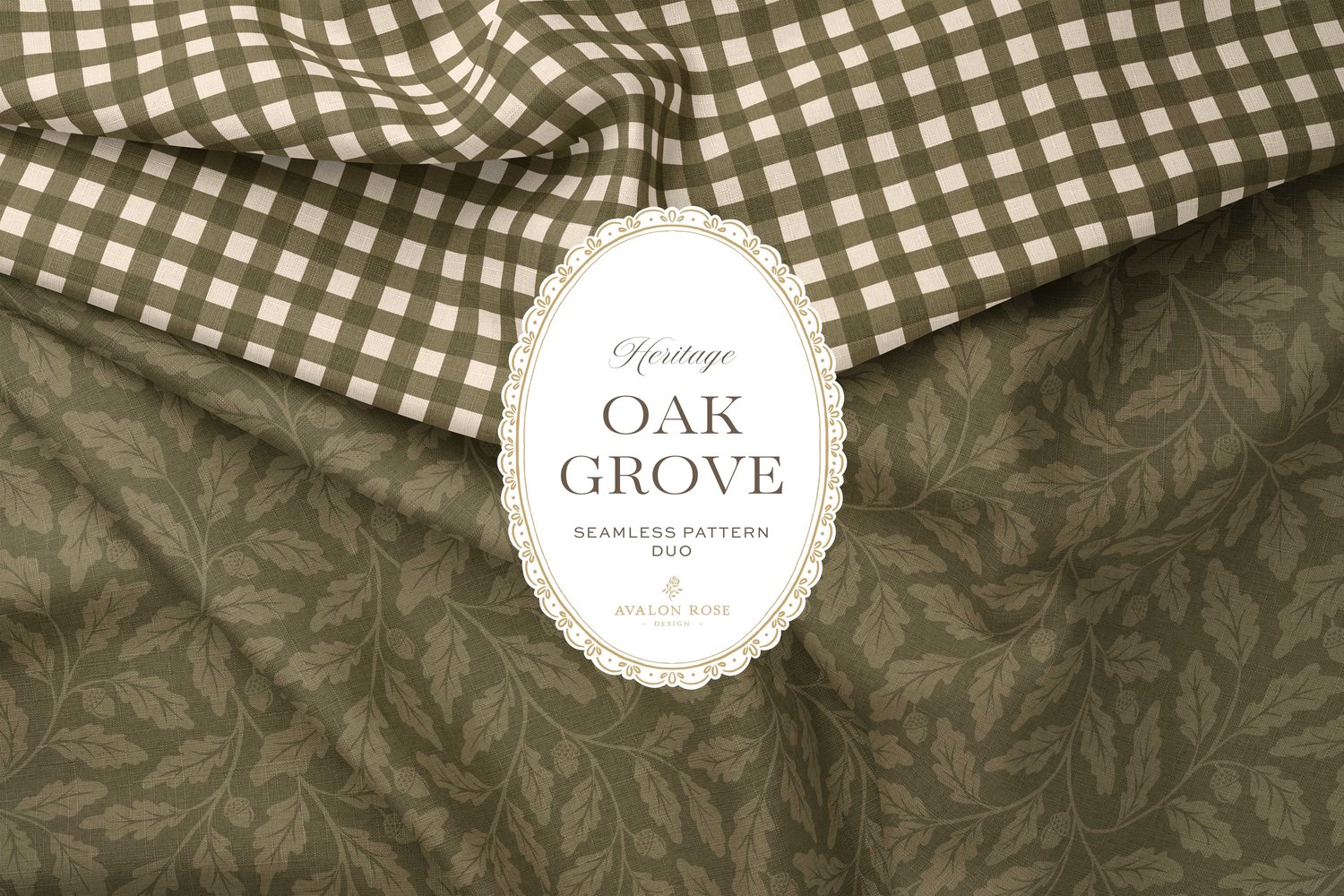 Oak Grove seamless surface pattern duo features hand drawn oak leaves and acorns in a flowing tonal design, paired with a coordinating gingham check in olive green on folded fabrics