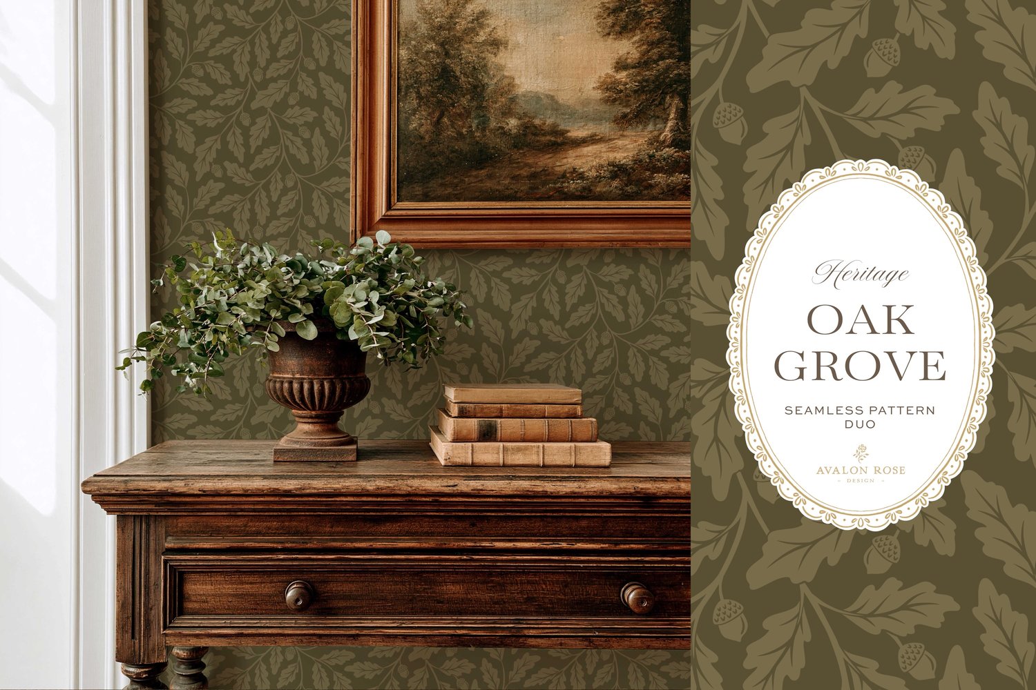 Oak Grove seamless surface pattern duo features hand drawn oak leaves and acorns in a flowing tonal design, paired with a coordinating gingham check in olive green on wallpaper