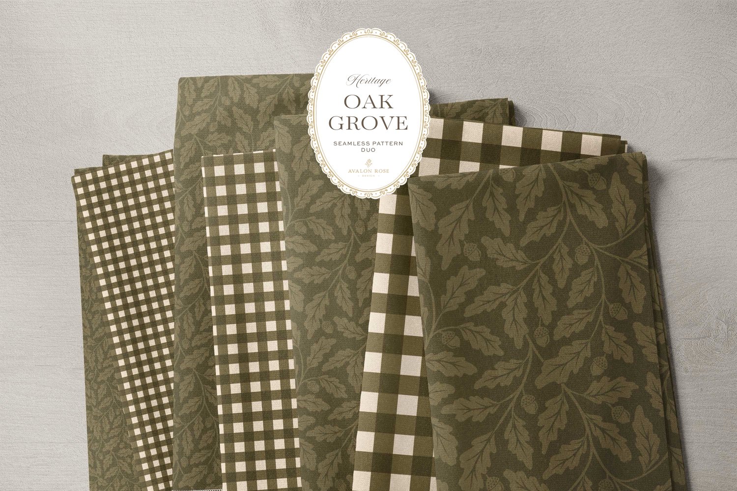 Oak Grove seamless surface pattern duo features hand drawn oak leaves and acorns in a flowing tonal design, paired with a coordinating gingham check in olive green on bolts of fabric