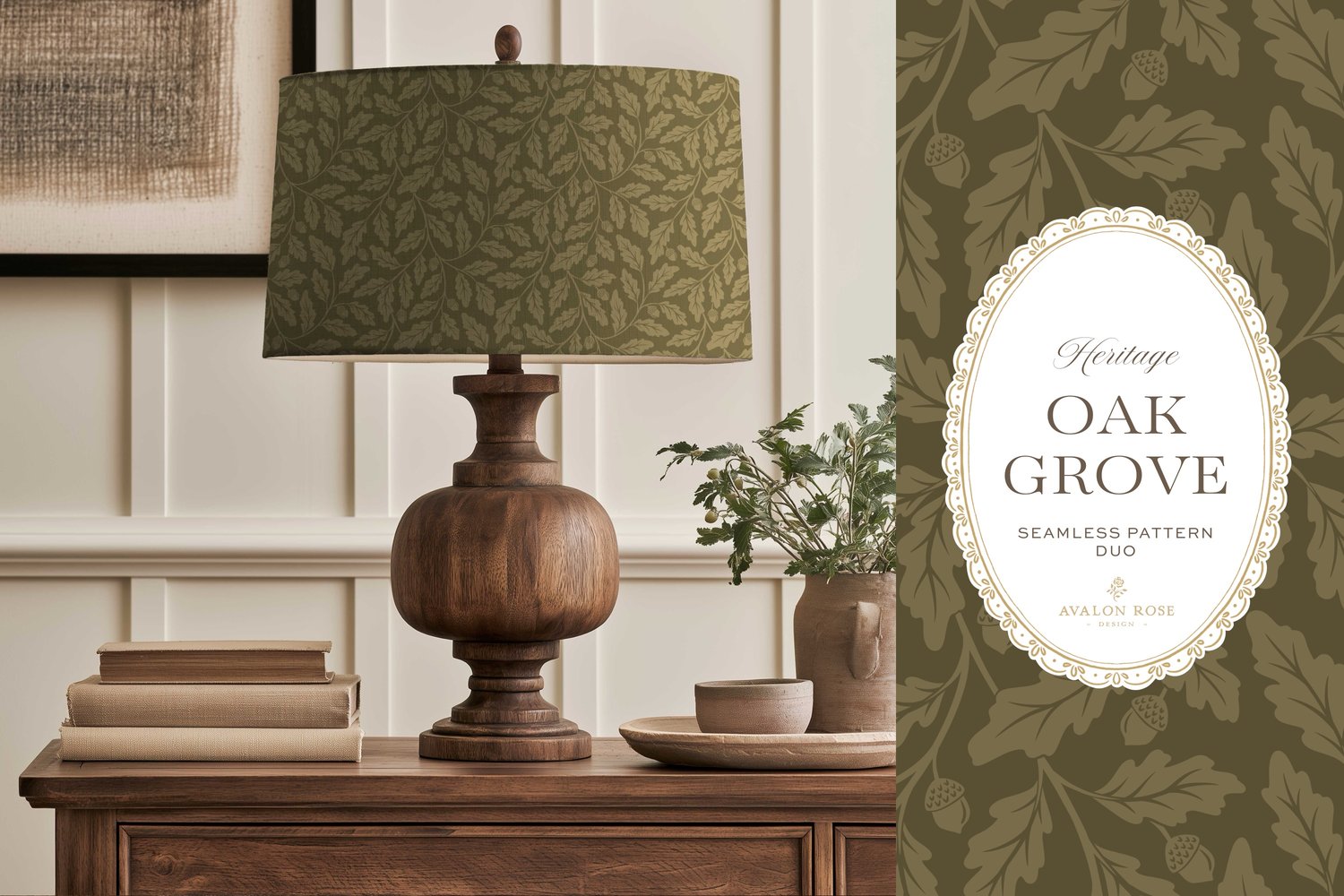 Oak Grove seamless surface pattern duo features hand drawn oak leaves and acorns in a flowing tonal design, paired with a coordinating gingham check in olive green on lampshade